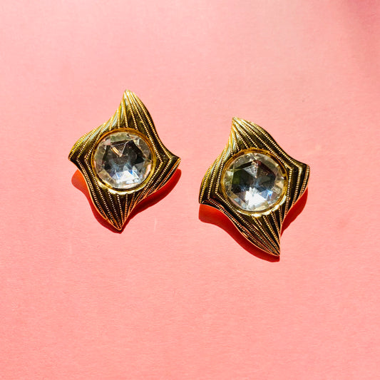 1980s TRAPEZOID CLIP ON EARRINGS WITH SOLITAIRE DIAMANTE