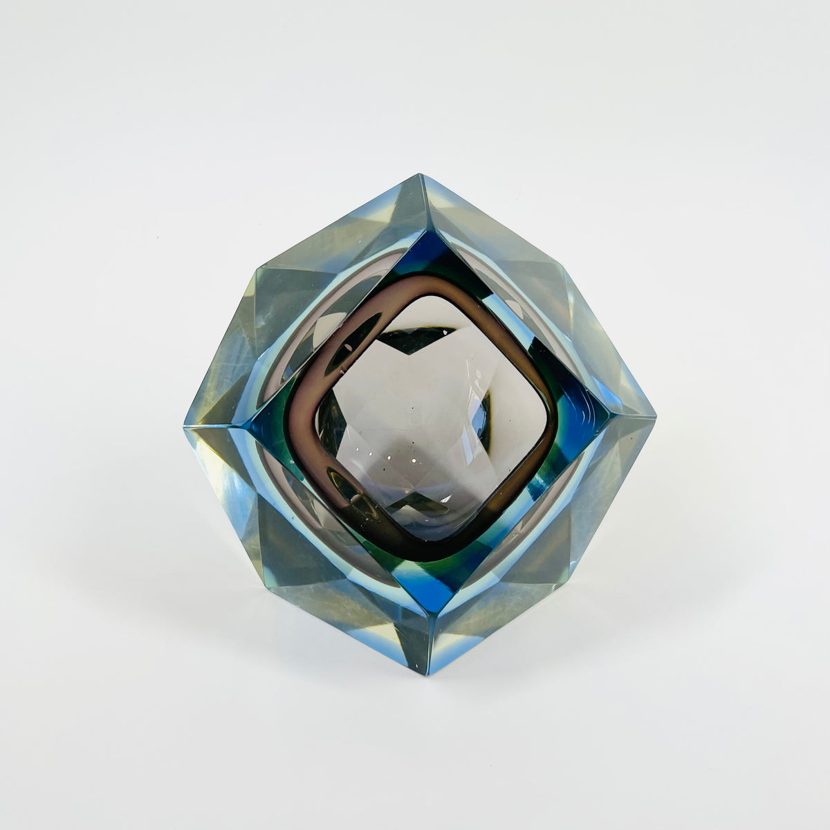 1960s BROWN GREEN YELLOW BLUE SOMMERSO DIAMOND FACETED GLASS BOWL