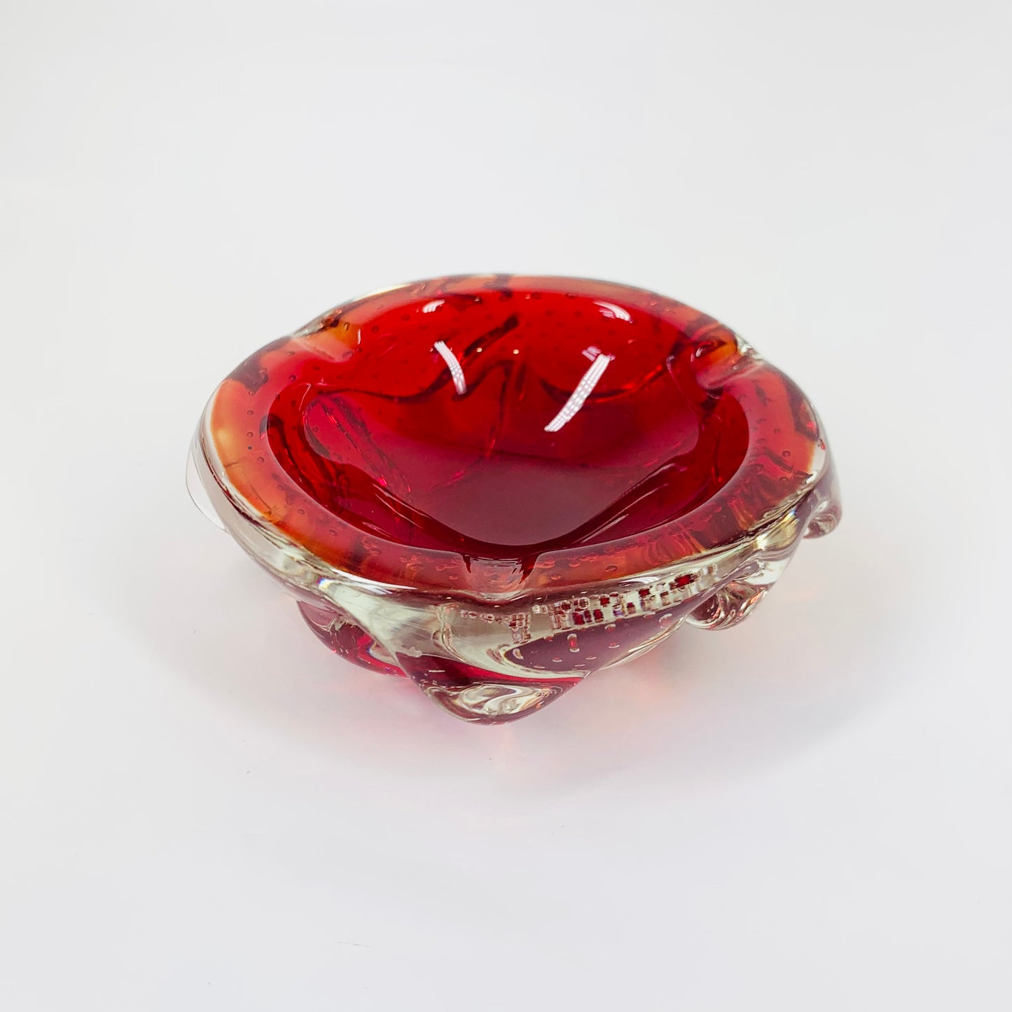 1950s MURANO RED BULLICANTE PINCHED BOWL/ASHTRAY