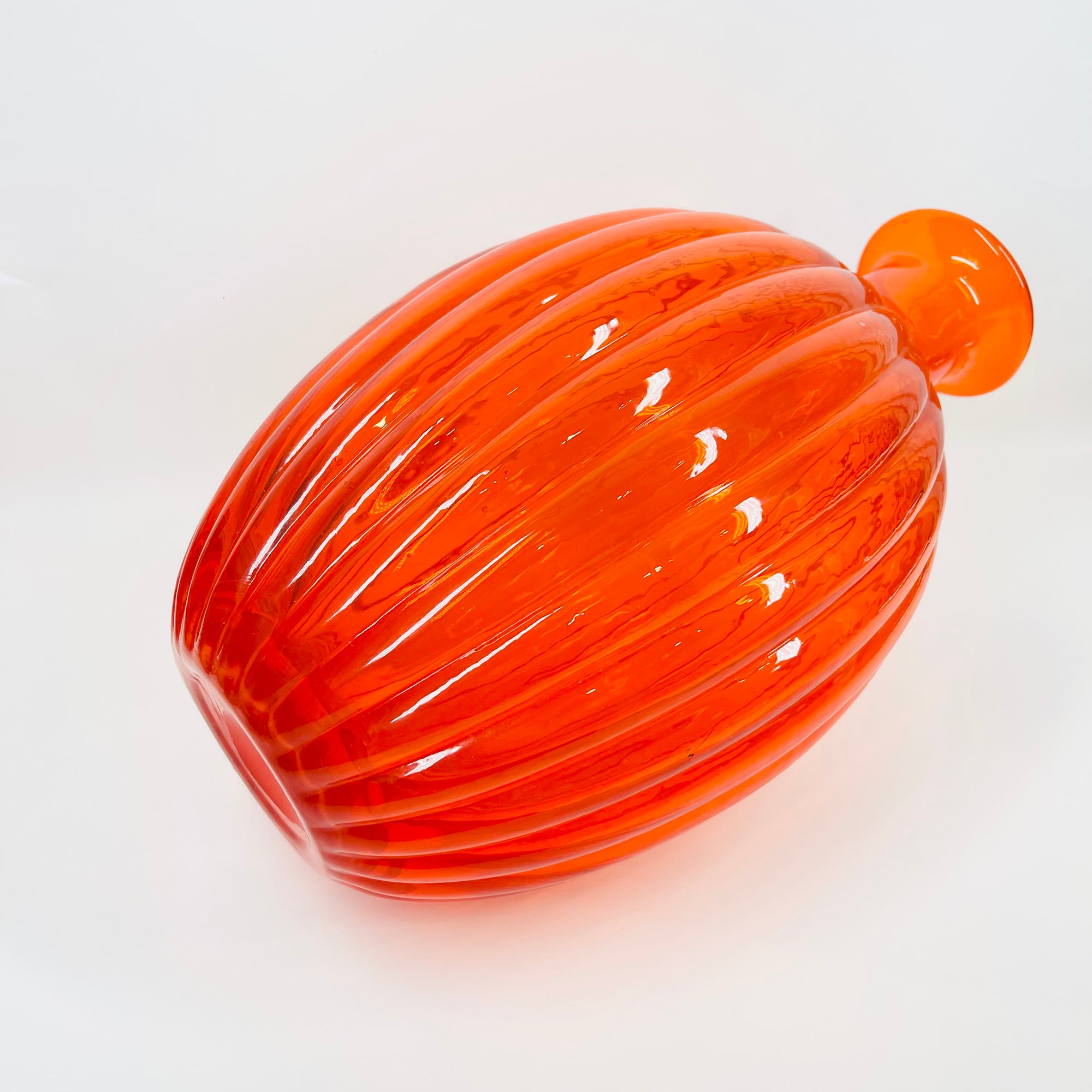 1970s ITALIAN EMPOLI ORANGE RIBBED GLASS OBLONG BOTTLE VASE