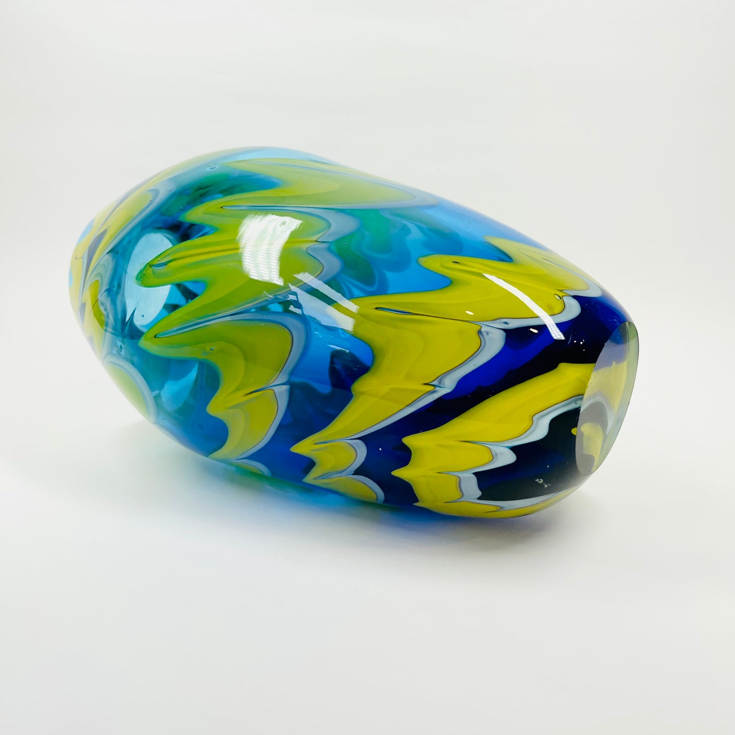 1980s MURANO BLUE YELLOW SWIRLS GLASS VASE