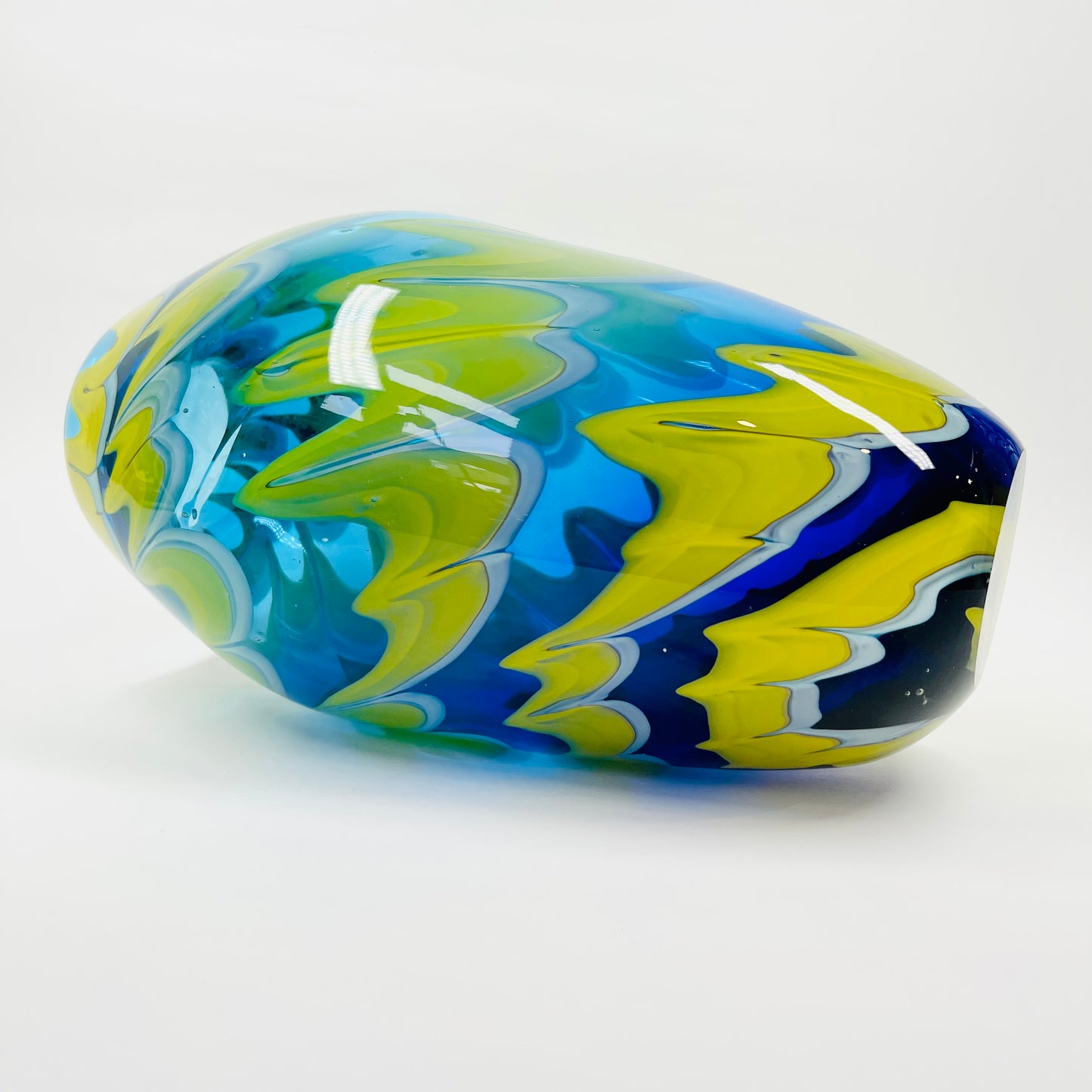 1980s MURANO BLUE YELLOW SWIRLS GLASS VASE