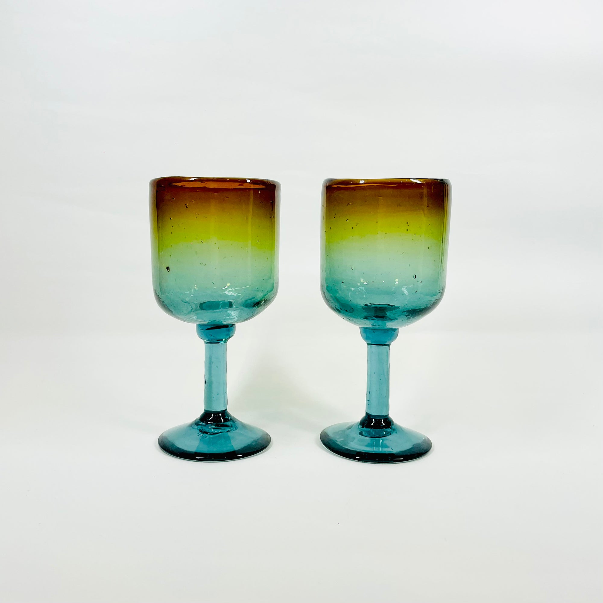 1980s MOUTH BLOWN BLUE AMBER AUSTRALIAN GLASS GOBLETS