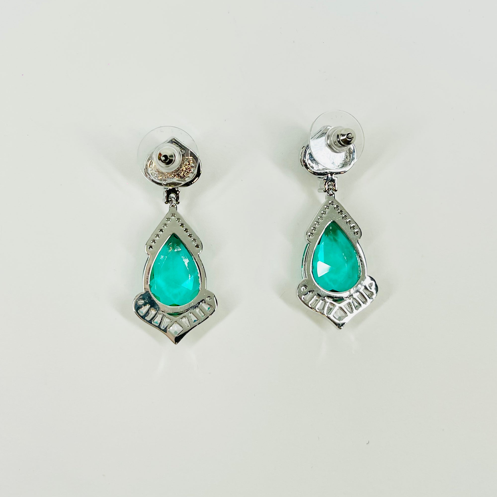 VINTAGE ART DECO STYLE GP COSTUME GREEN DIAMONTE DROP PIERCED EARRINGS