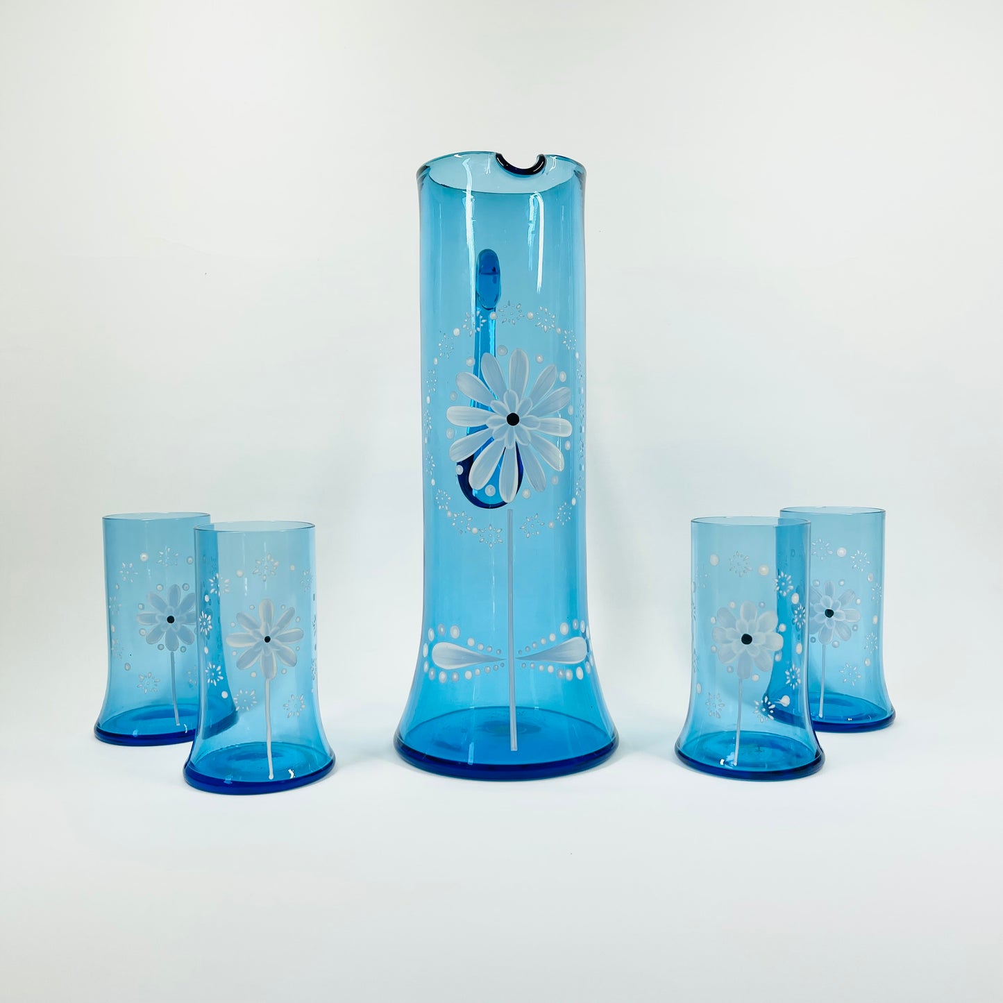 1950s BLUE HAND PAINTED GLASS JUG SET