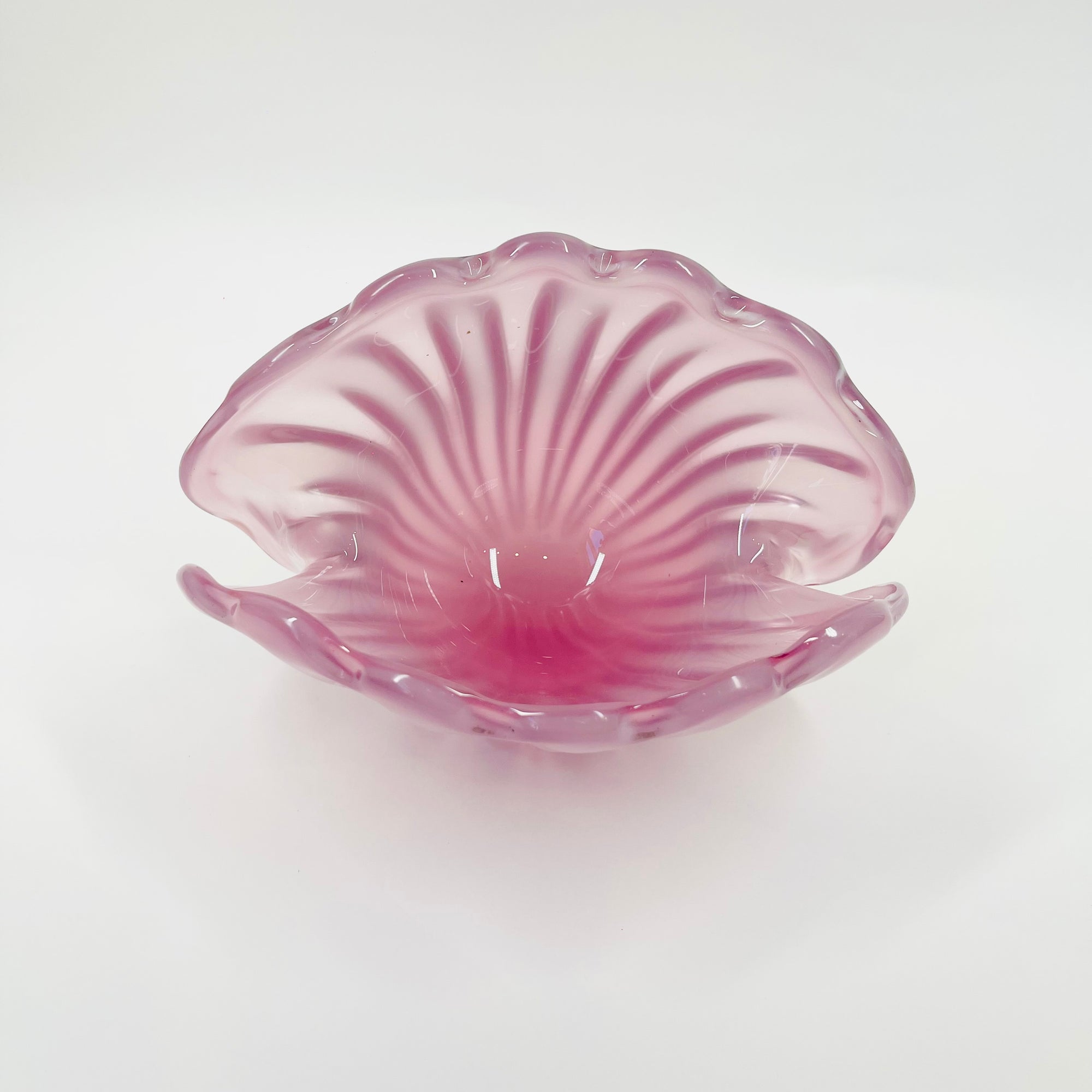 1950s PINK MURANO RIBBED OPALINE GLASS SHELL BOWL (MEDIUM)
