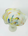 1980s WHITE YELLOW SATIN SPATTER ART GLASS VASE