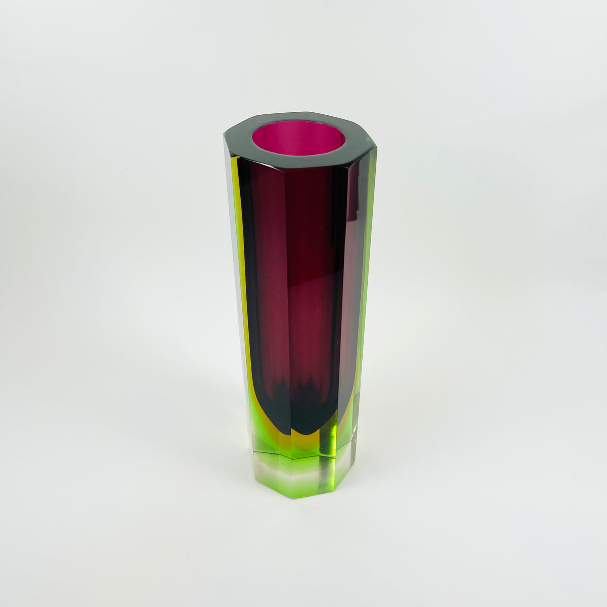 XL 1950s PINK PURPLE GREEN MURANO SOMMERSO FACETED GLASS BLOCK VASE