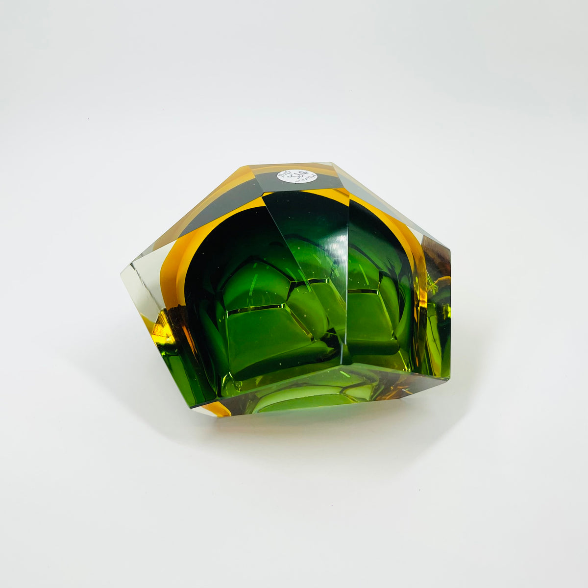 1940s GREEN GOLD AMBER MURANO MANDRUZZATO SOMMERSO FACETED GLASS BOWL/ASHTRAY