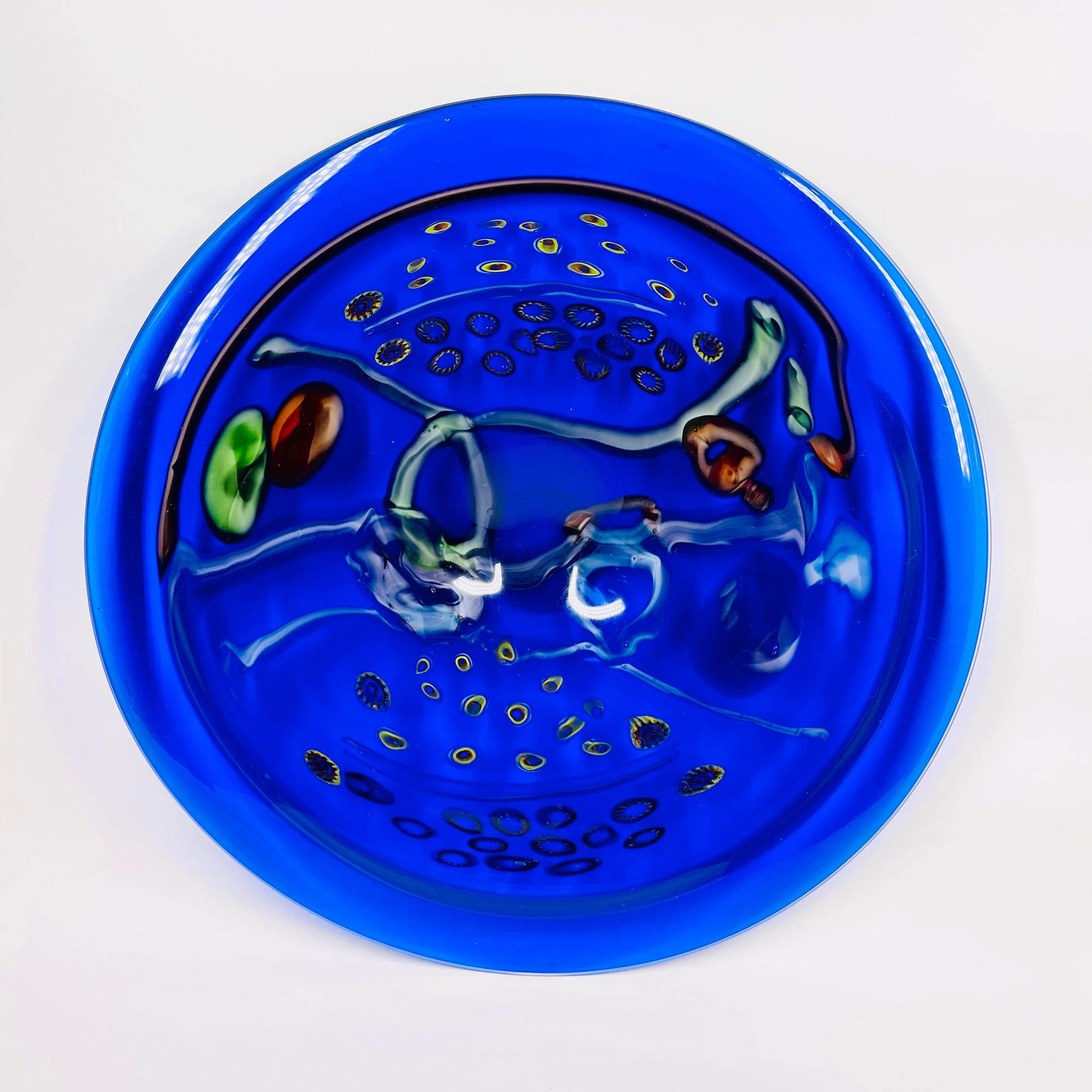 LARGE ANTIQUE COBALT BLUE MURANO GLASS CHARGER PLATE/SHALLOW BOWL WITH MILLEFIORI &amp; MURRINE DECORATIONS