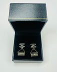 1990s LIMITED EDITION CHANEL MINIATURE BAGS PIERCED EARRINGS WITH ENAMEL LOGO AND SEED PEARLS