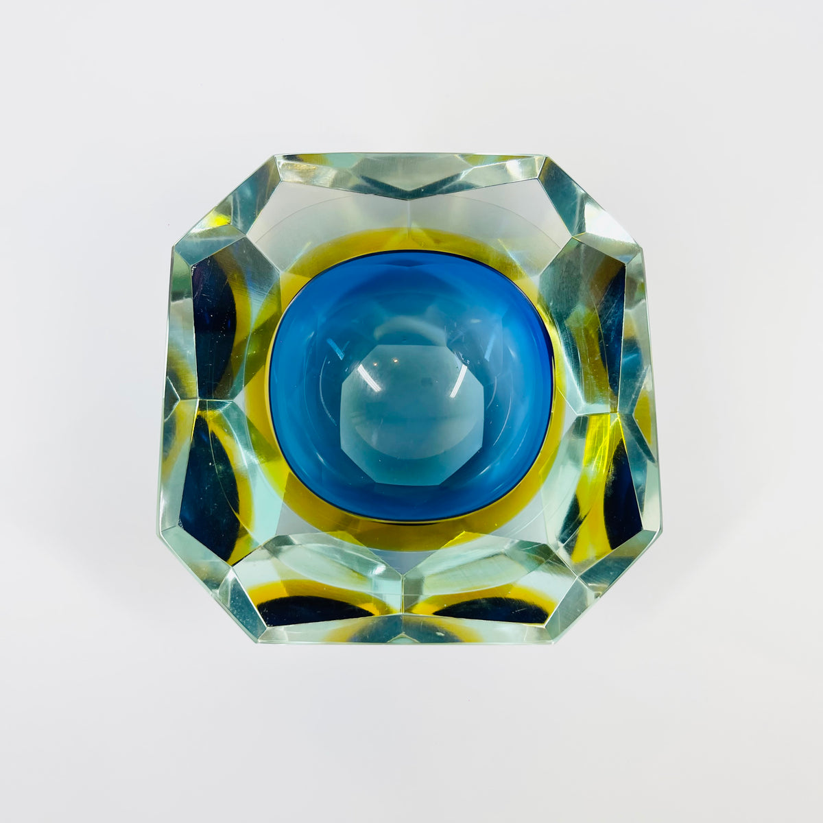 1950s MURANO MANDRUZZATO COBALT BLUE AMBER SOMMERSO DIAMOND FACETED GLASS BOWL