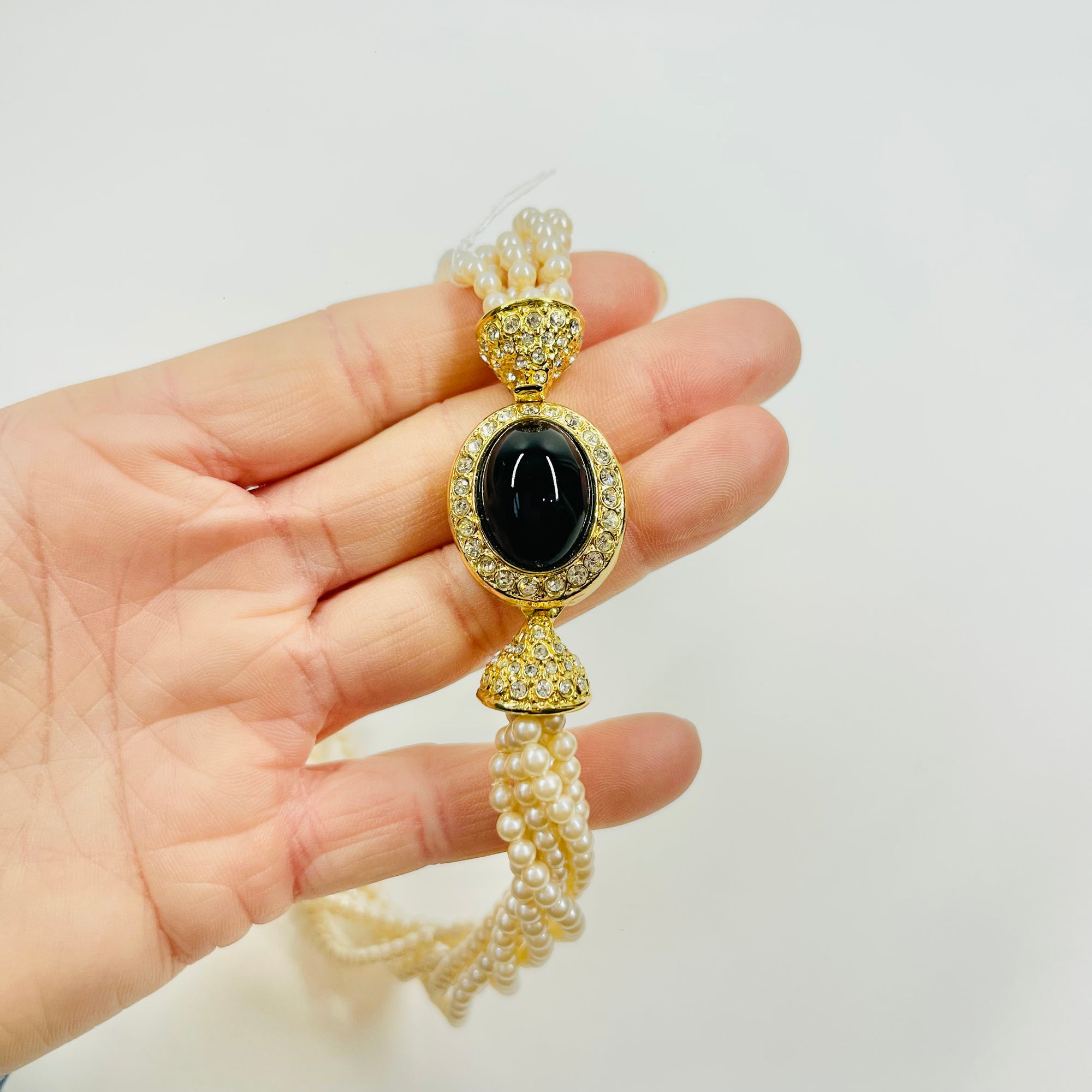 1950s GROSSE GERMANY COSTUME BRAIDED PEARL NECKLACE BLACK ENAMEL CLASP