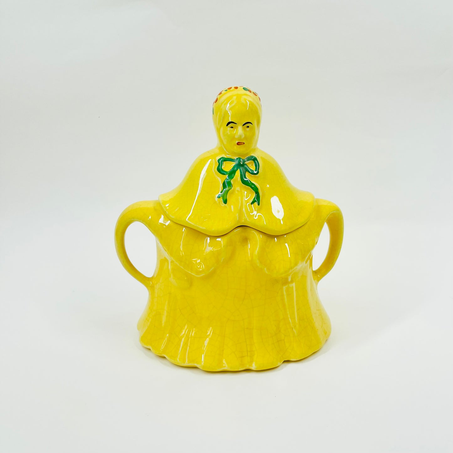 1930s HAND PAINTED ENGLISH YELLOW PORCELAIN LADY TEA POT