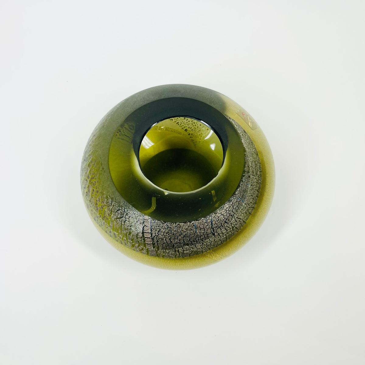 1980s MURANO GREEN SATIN GLASS SQUAT VASE WITH SILVER GOLD AVENTURINE
