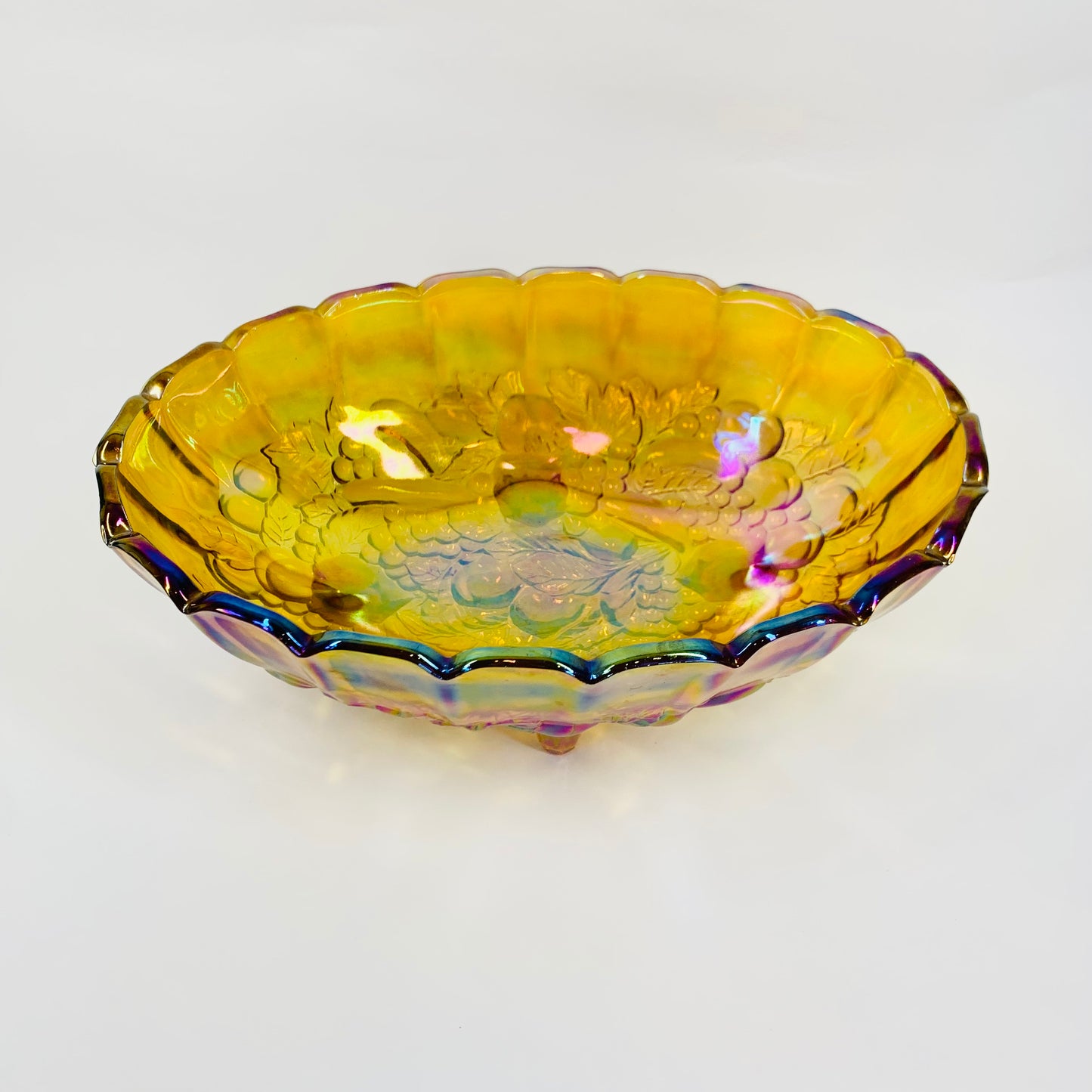 ANTIQUE CARNIVAL PRESSED AMBER GLASS FOOTED BOWL