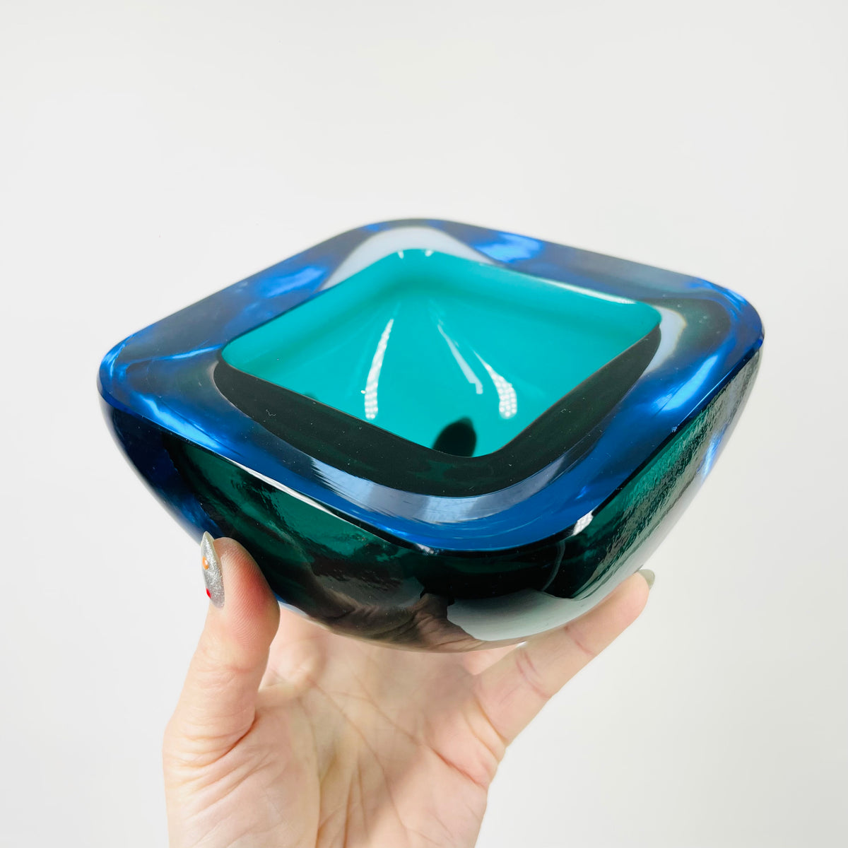 1960s BLUE AQUAMARINE SOMMERSO SQUARE GLASS BOWL/ASHTRAY