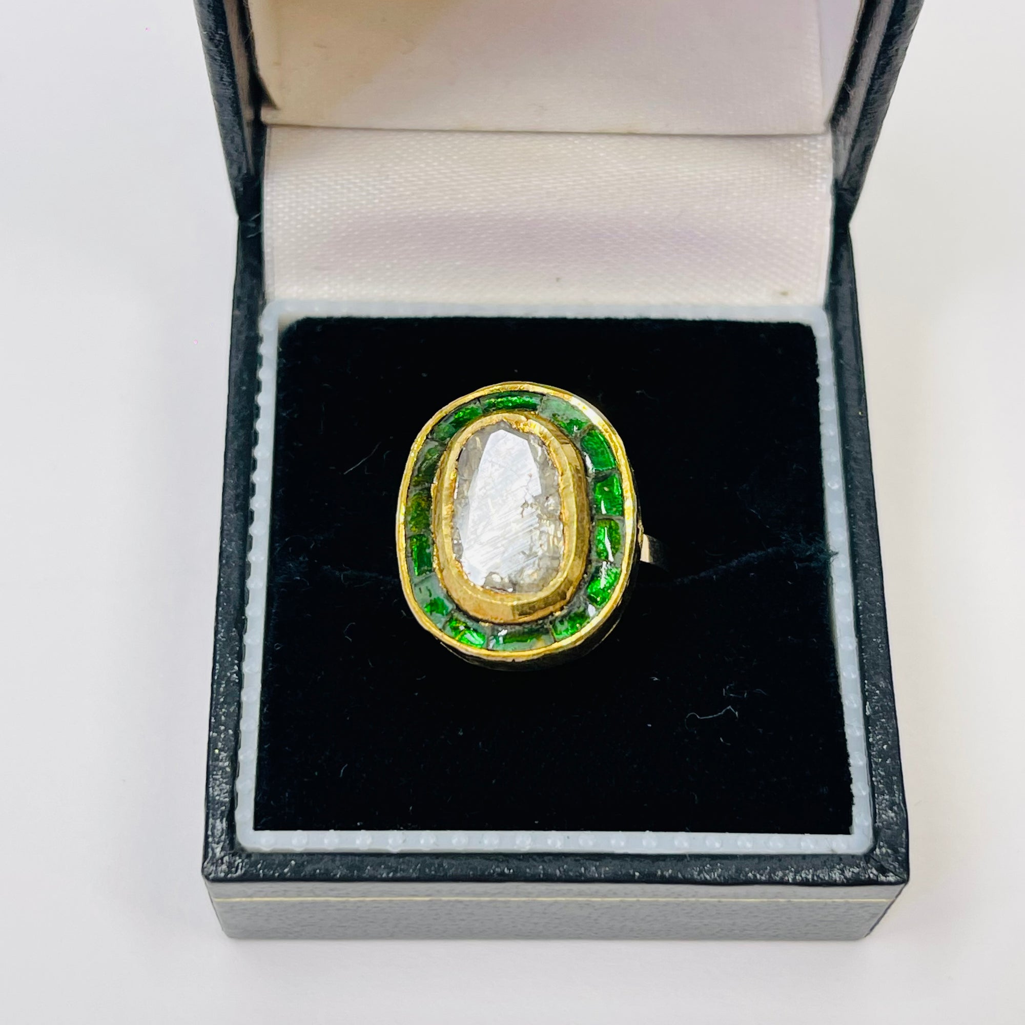 ANTIQUE 22K GOLD INDIAN POLKI RAW DIAMOND RING WITH GREEN ENAMEL