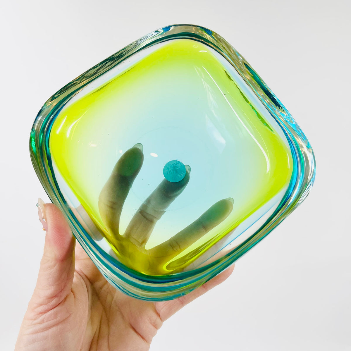 1960s GREEN BLUE PEACOCK HARLEQUIN SOMMERSO FACETED GEODE GLASS BOWL