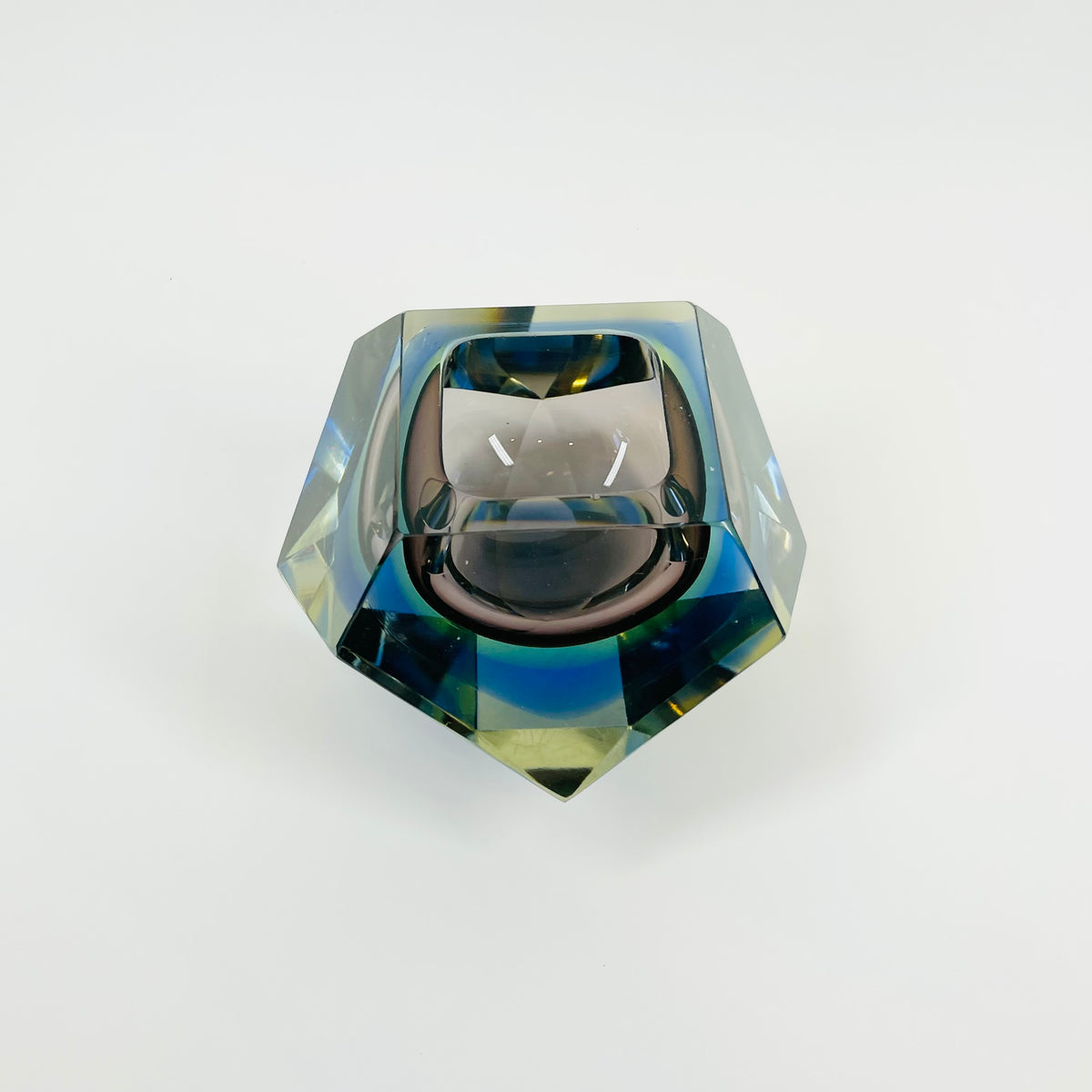 1960s BROWN GREEN YELLOW BLUE SOMMERSO DIAMOND FACETED GLASS BOWL