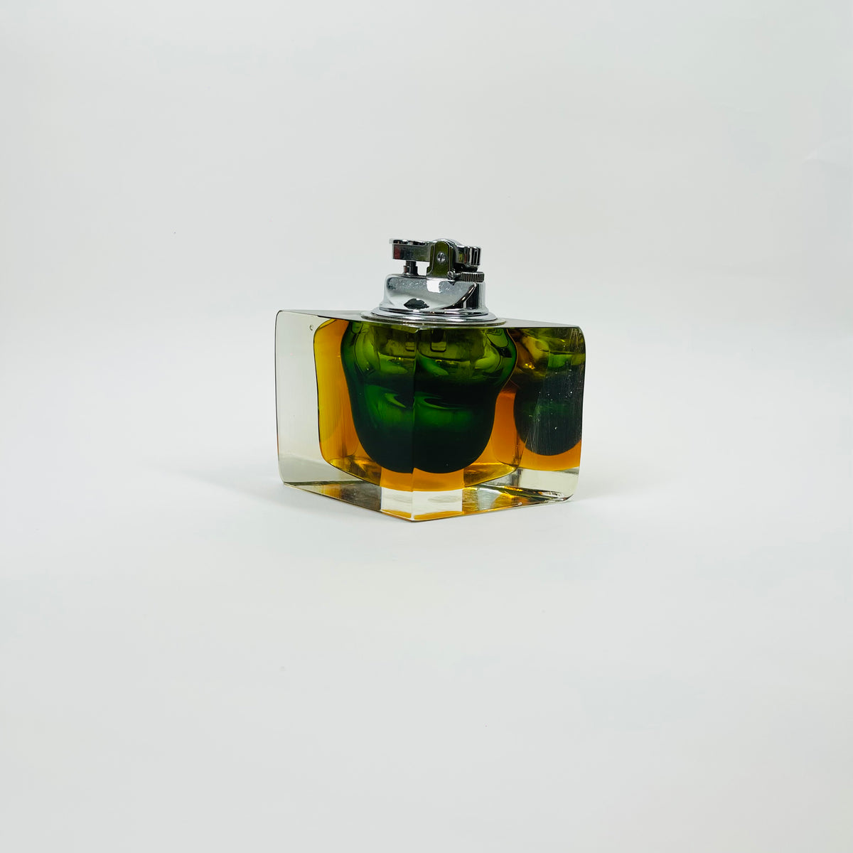 1940s GREEN GOLD AMBER MURANO MANDRUZZATO SOMMERSO FACETED GLASS LIGHTER BOX