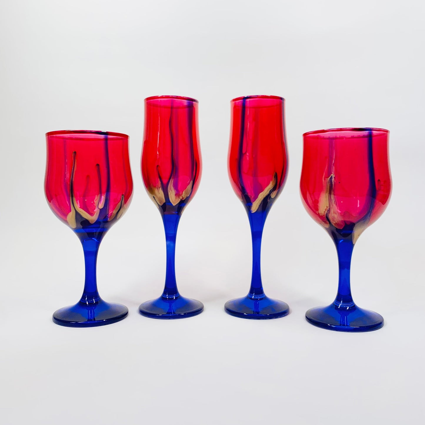 HAND PAINTED PINK COBALT BLUE ART GLASS CHAMPAGNE FLUTES