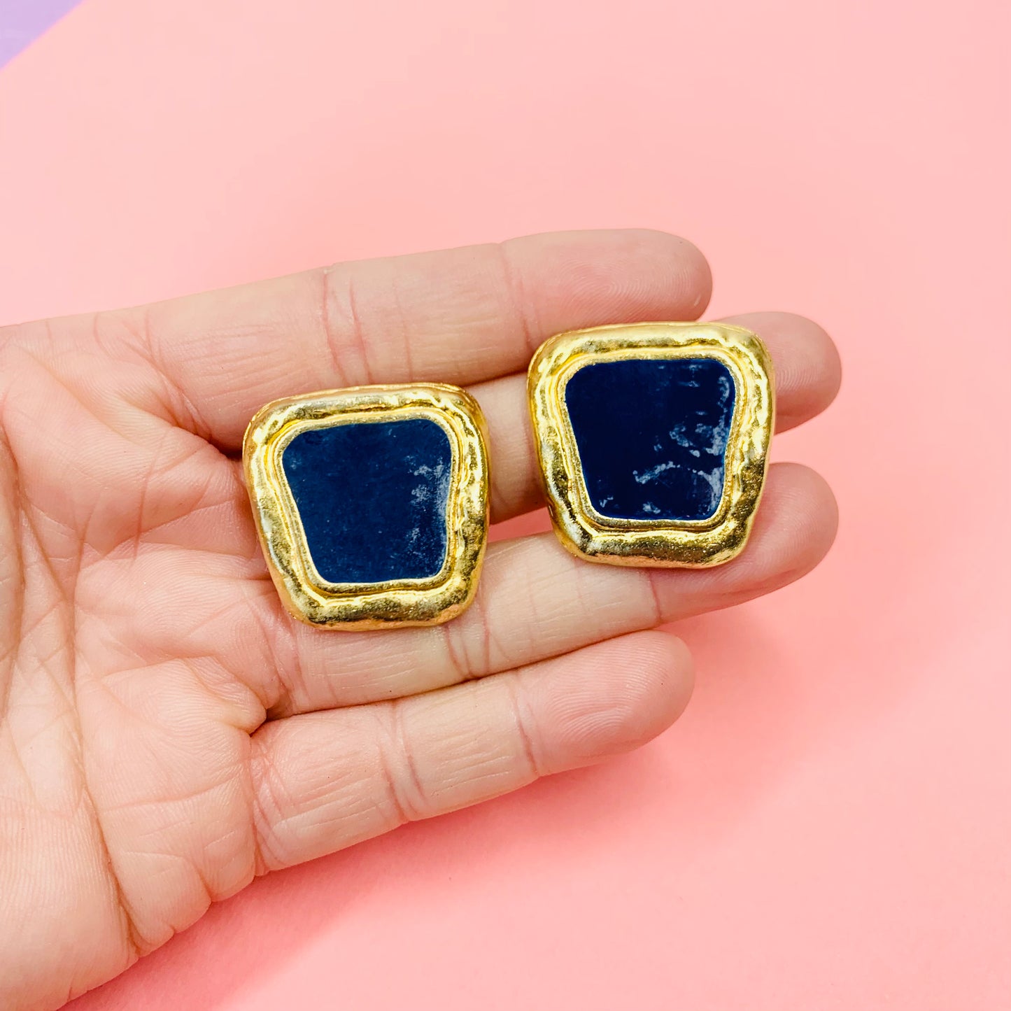 NAVY ENAMEL SQUARE EARRINGS