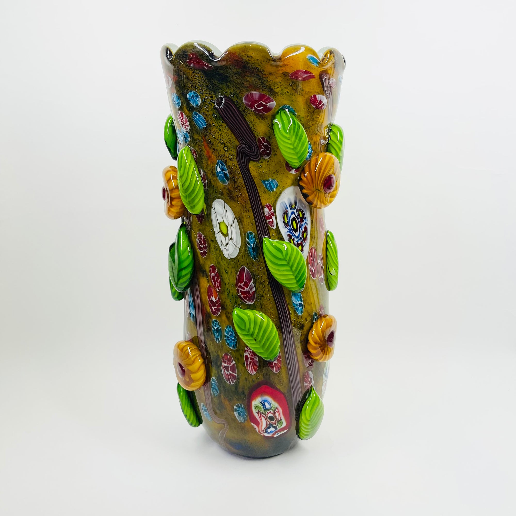 LARGE 1980s MURANO CASED WHITE GREEN MURRINE FLORAL APPLIQUE VASE