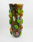 LARGE 1980s MURANO CASED WHITE GREEN MURRINE FLORAL APPLIQUE VASE