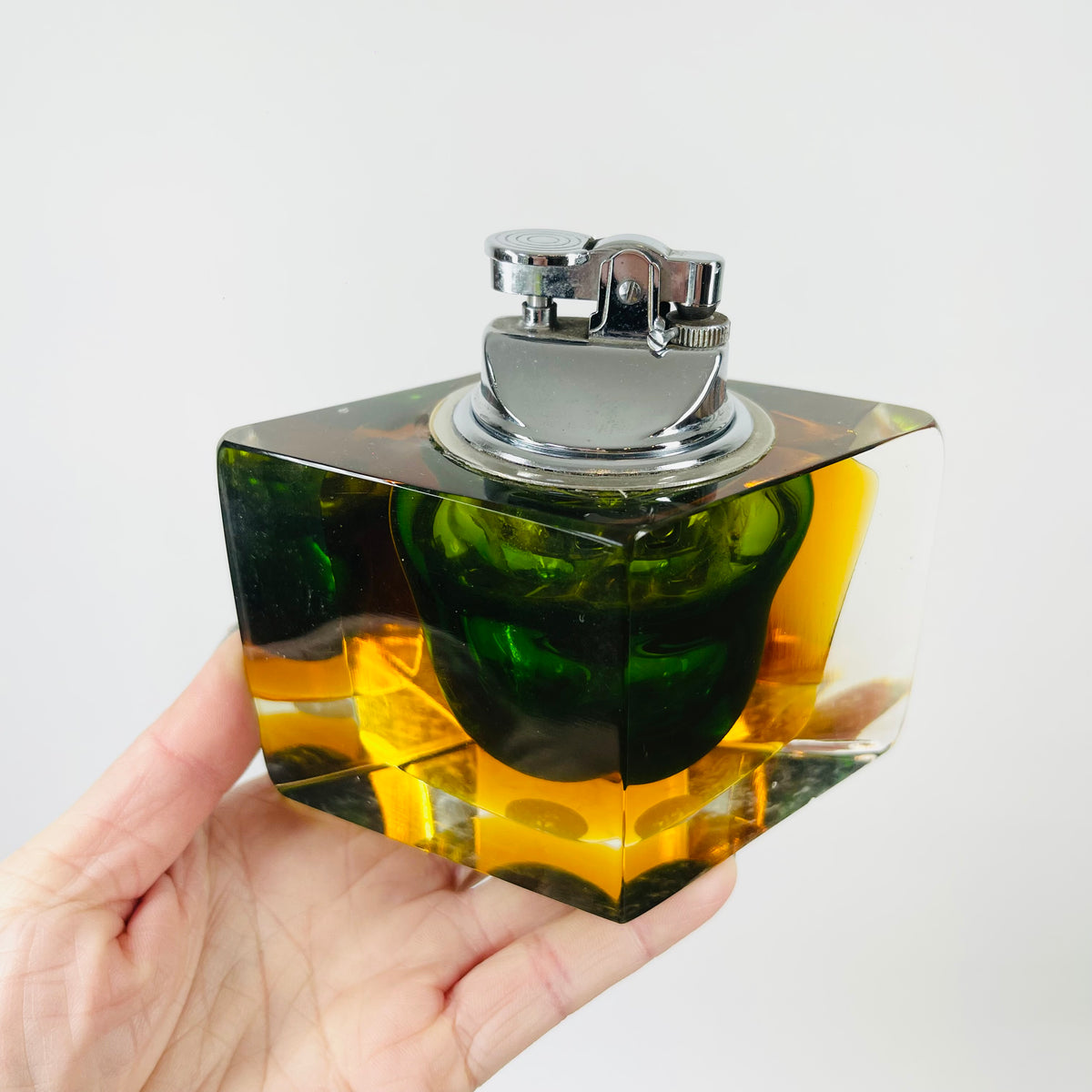 1940s GREEN GOLD AMBER MURANO MANDRUZZATO SOMMERSO FACETED GLASS LIGHTER BOX