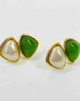 1980s RUNWAY CHANEL GRIPOIX GREEN GLASS MABE PEARL STATEMENT CLIP ON EARRINGS