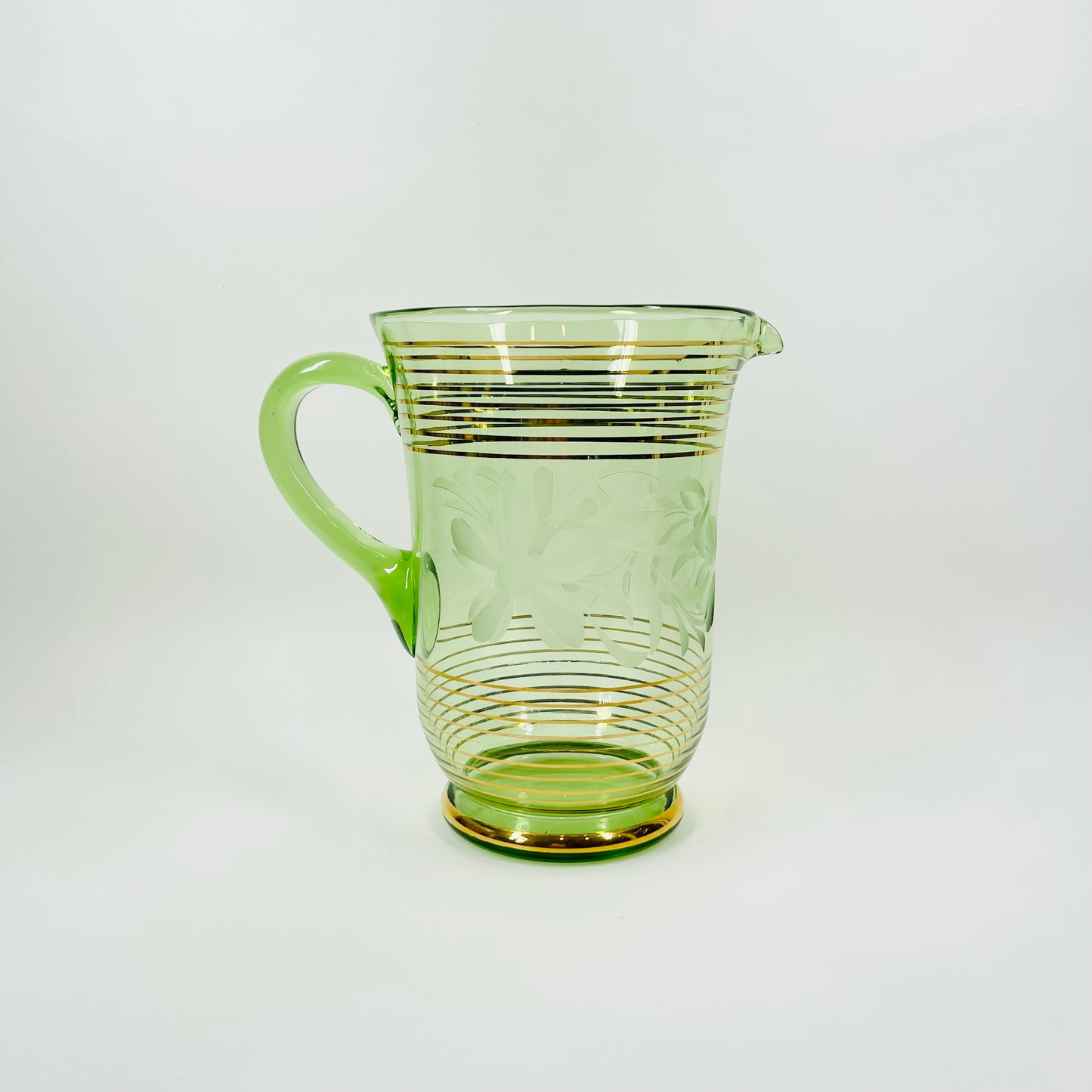 1950s GREEN GOLD GILDED GLASS JUG SET