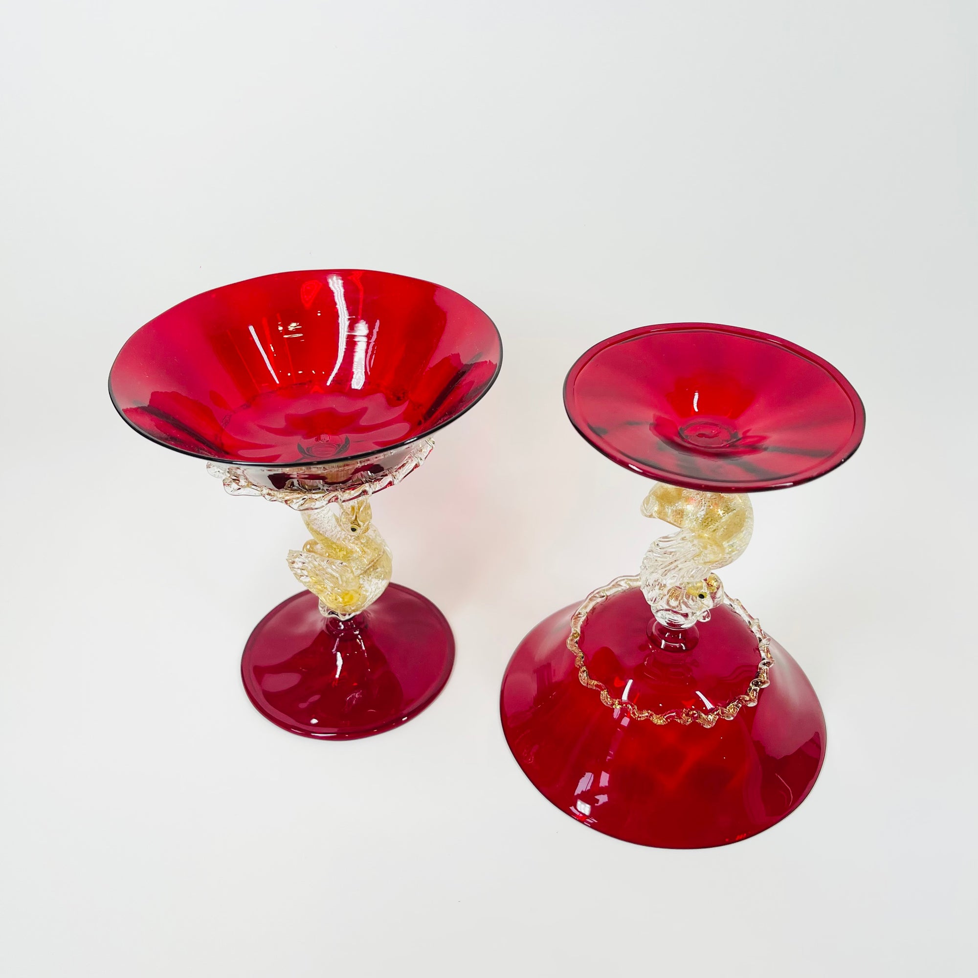 1950s SALVIATI VENETIAN RED RUBY GOLD AVENTURINE SWAN STEM GLASSES