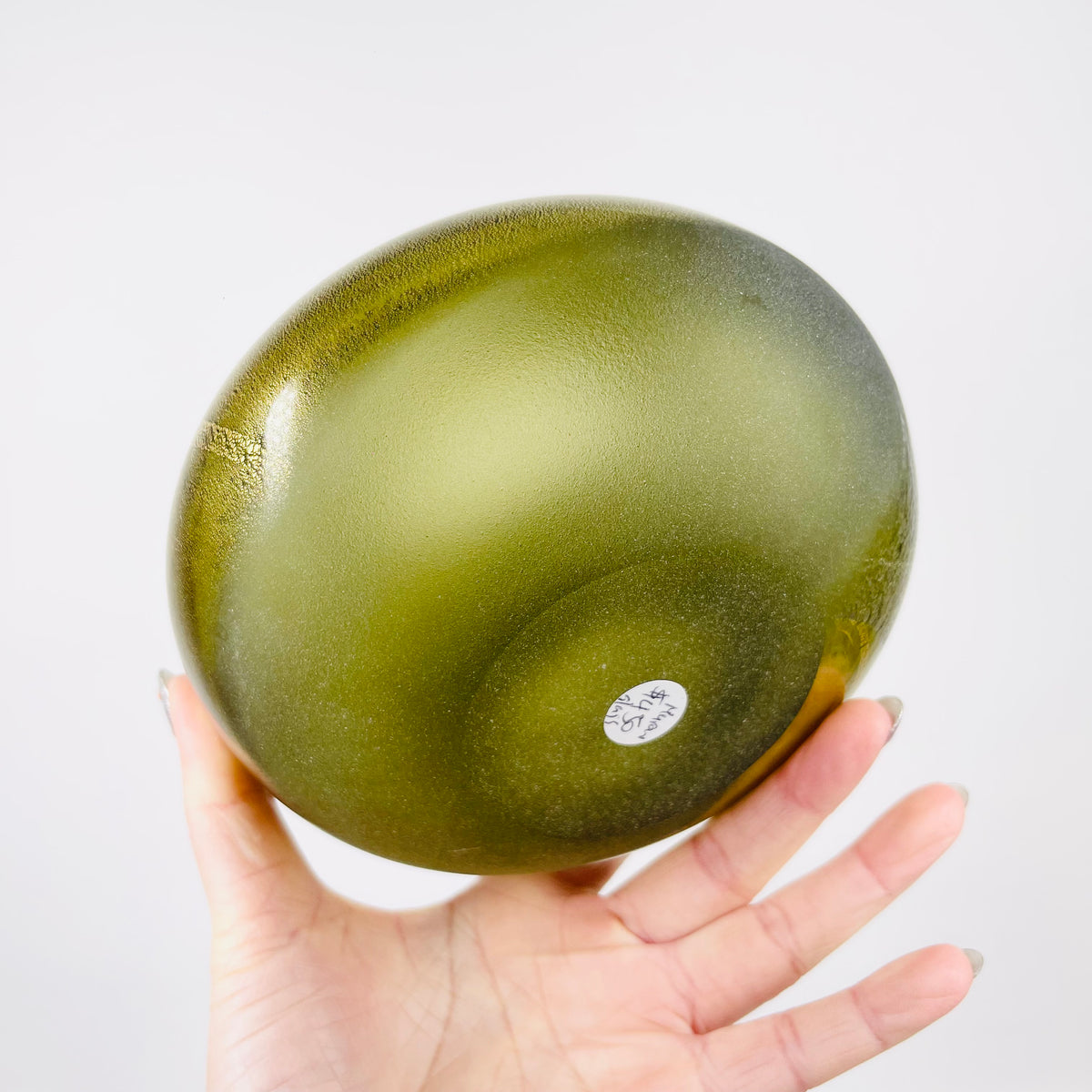 1980s MURANO GREEN SATIN GLASS SQUAT VASE WITH SILVER GOLD AVENTURINE