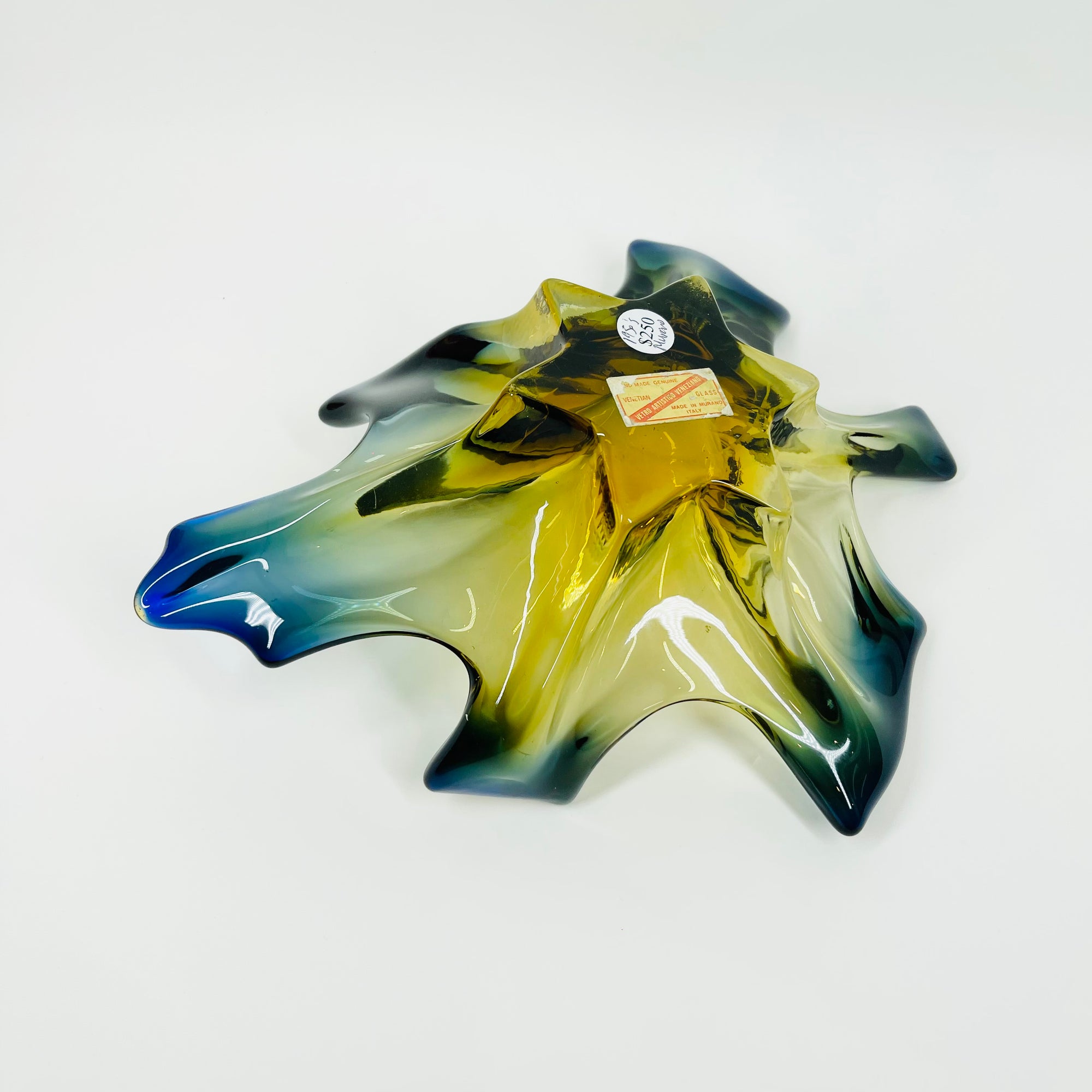 1950s MURANO AMBER BLUE OMBRE GLASS PINCHED LEAF BOWL/ASHTRAY