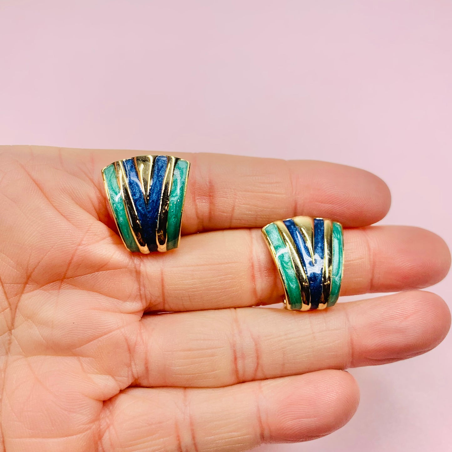 70s GREEN BLUE ENAMEL FAN EARRINGS