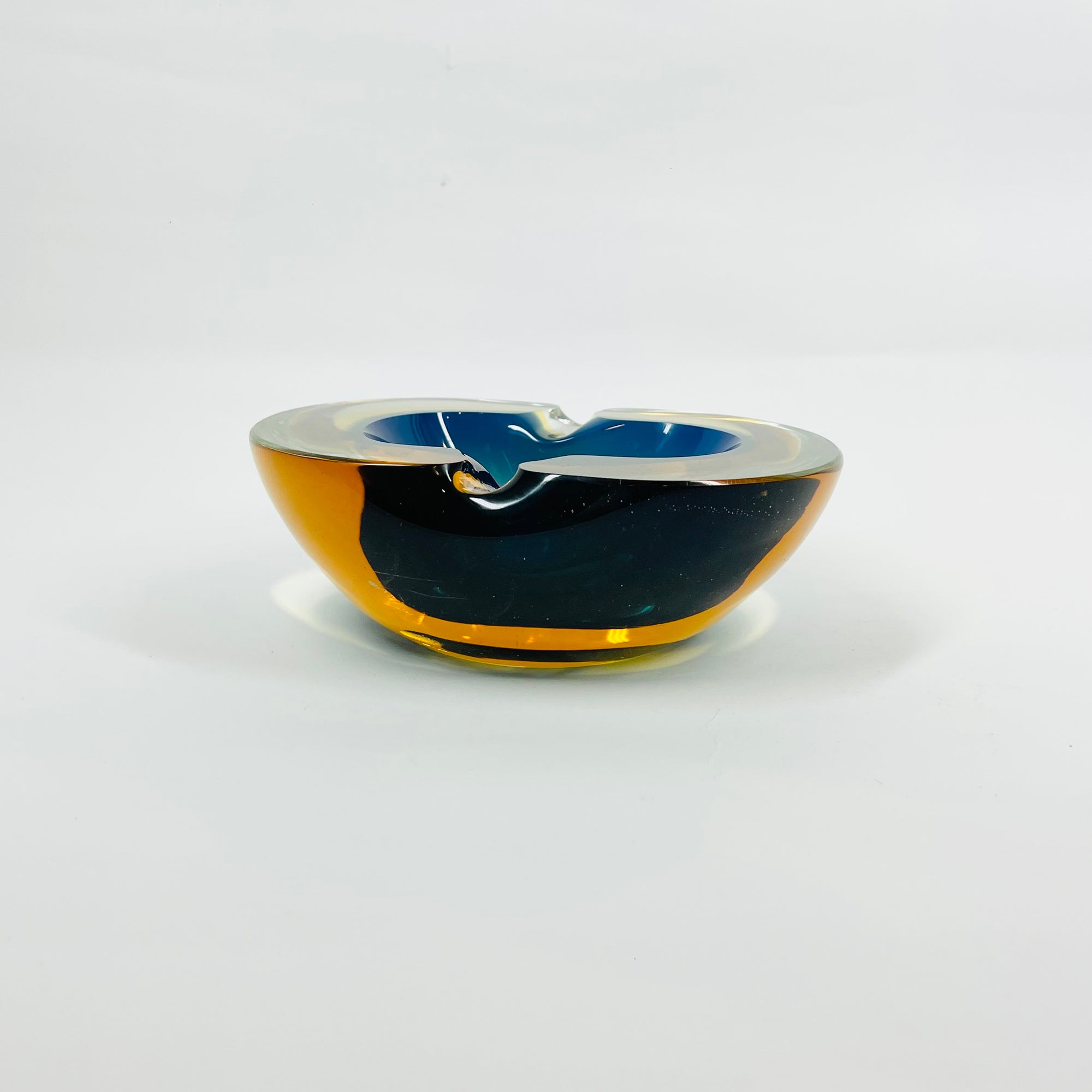 1950s COBALT BLUE TEAL AMBER MURANO SOMMERSO GLASS PINCHED BOWL/ASHTRAY