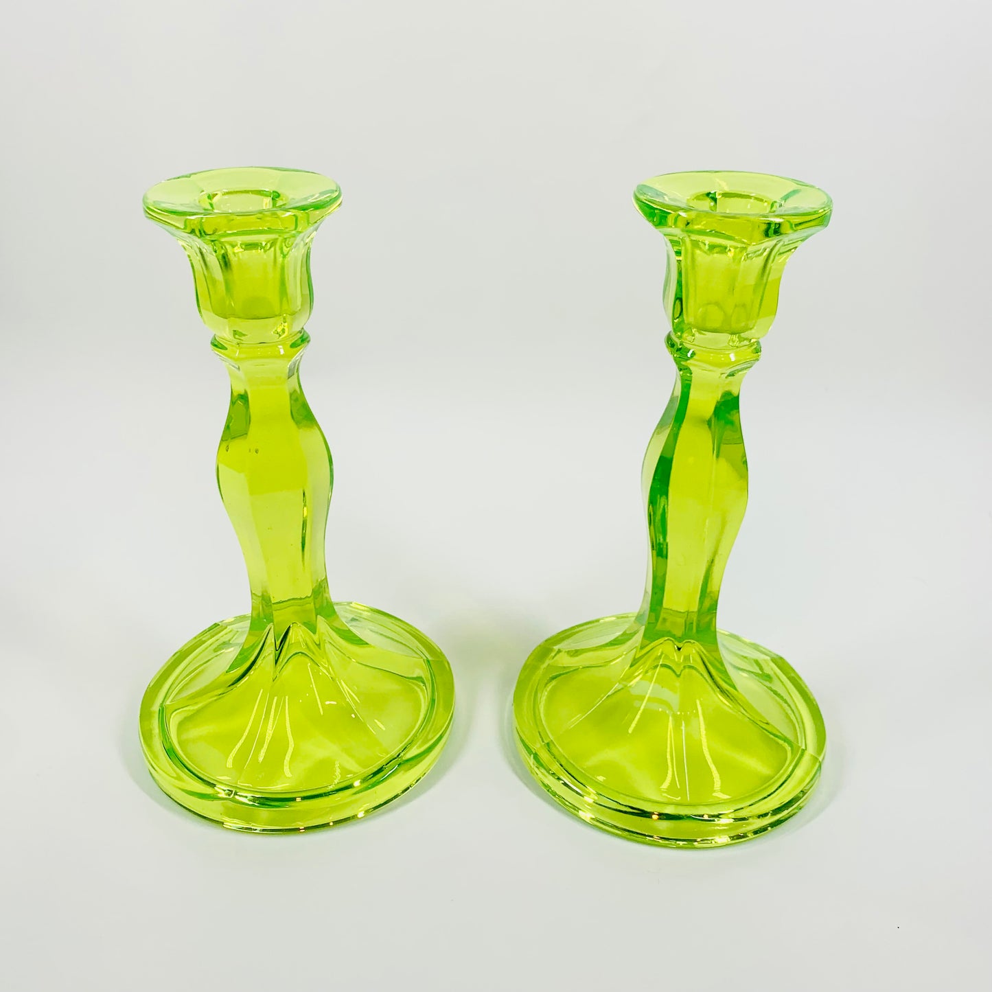 DEPRESSION URANIUM GLASS CANDLE STICKS