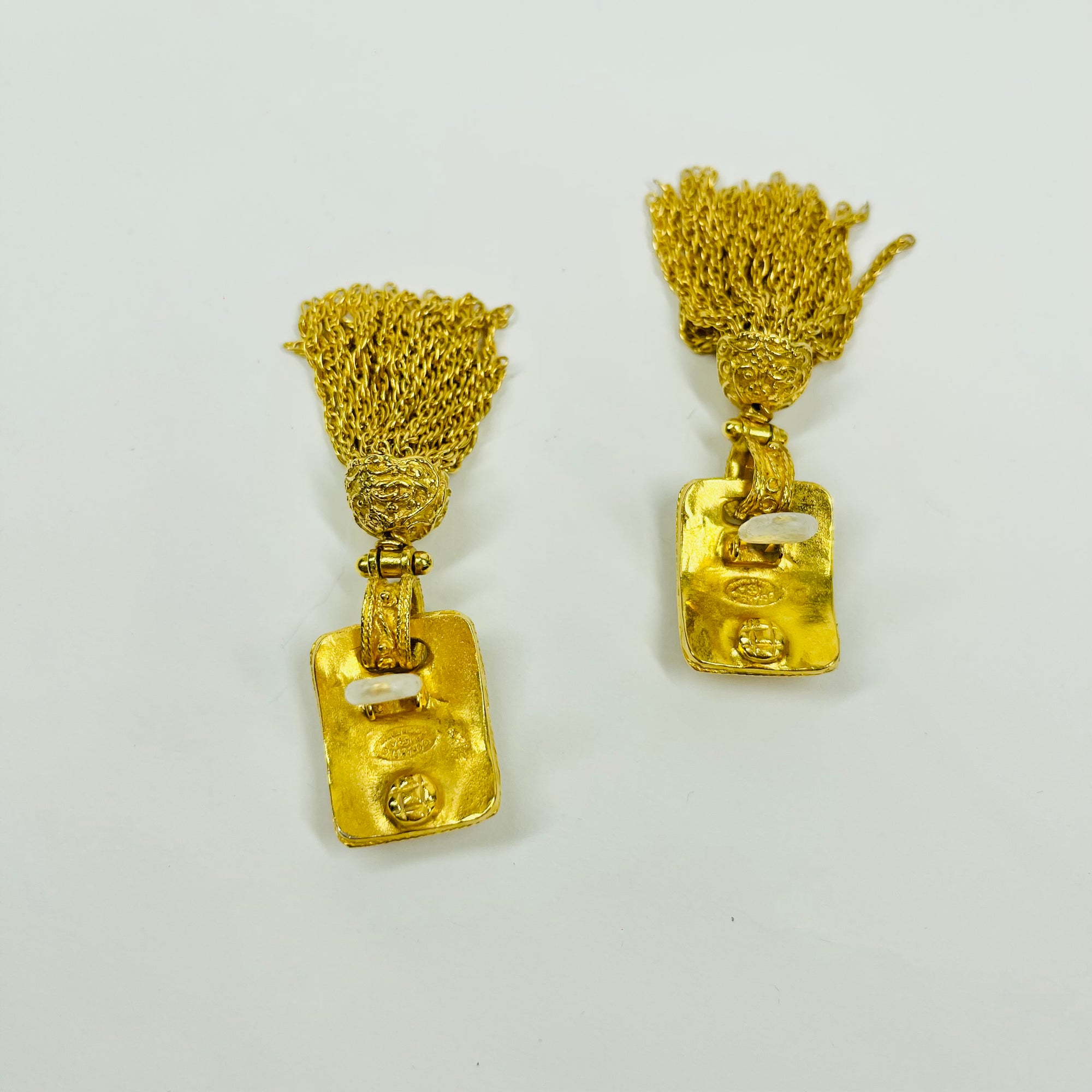 1980s CHANEL CC FILIGREE LOGO TASSELS DROP CLIP ON EARRINGS