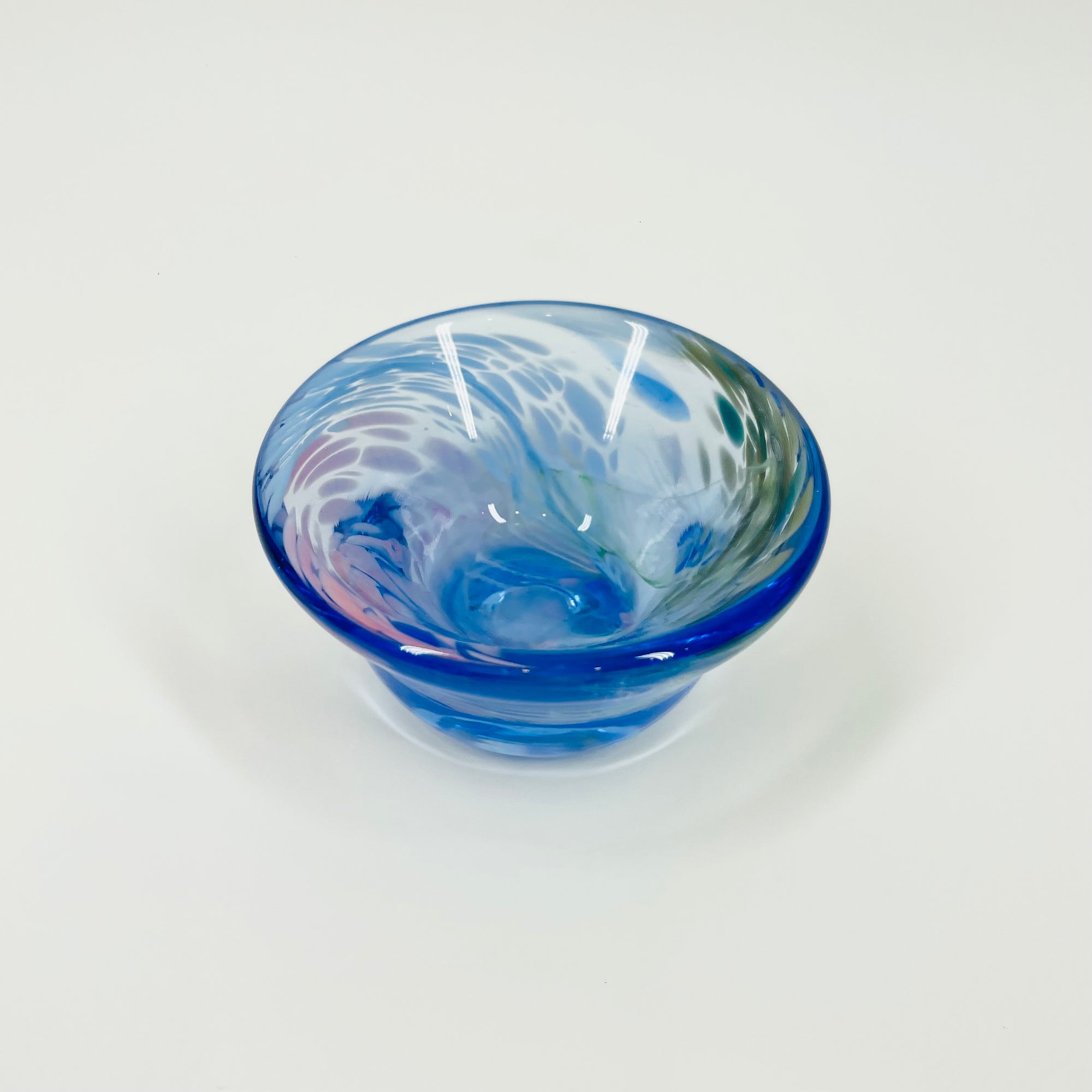 1980s AUSTRALIAN MOUTH BLOWN PINK PURPLE SPATTER ART GLASS MINIATURE BOWL