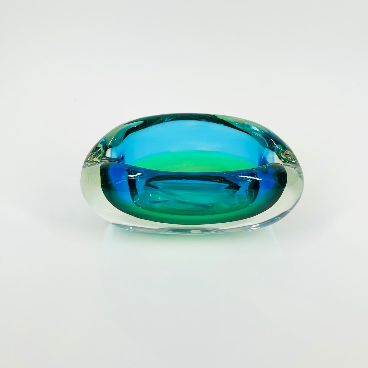 1960s GREEN BLUE PEACOCK HARLEQUIN SOMMERSO GLASS ASHTRAY/BOWL