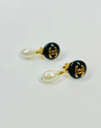 1996 CHANEL CC GOLD DROP PEARL CLIP ON EARRINGS WITH BLACK ENAMEL