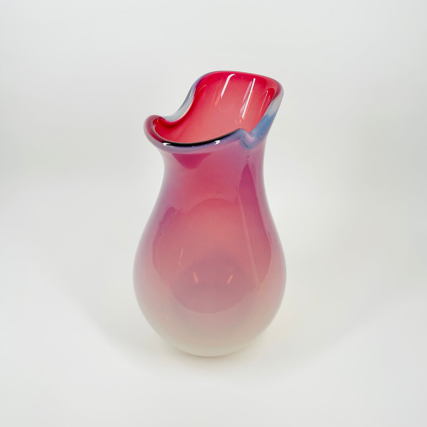 1950s MURANI CRANBERRY/PINK OPALINE GLASS PINCHED VASE