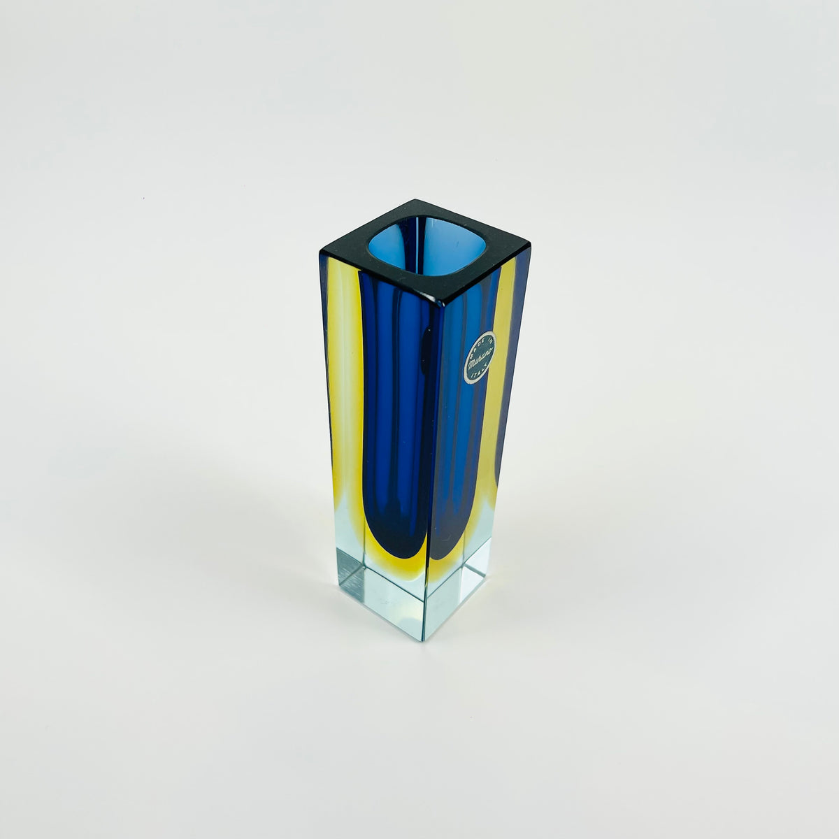 1950s COBALT BLUE YELLOW MURANO SOMMERSO GLASS BLOCK POSY VASE
