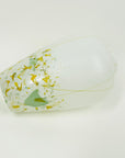 1980s HAND MADE CASED WHITE YELLOW GREEN SPATTER ART GLASS POSY VASE