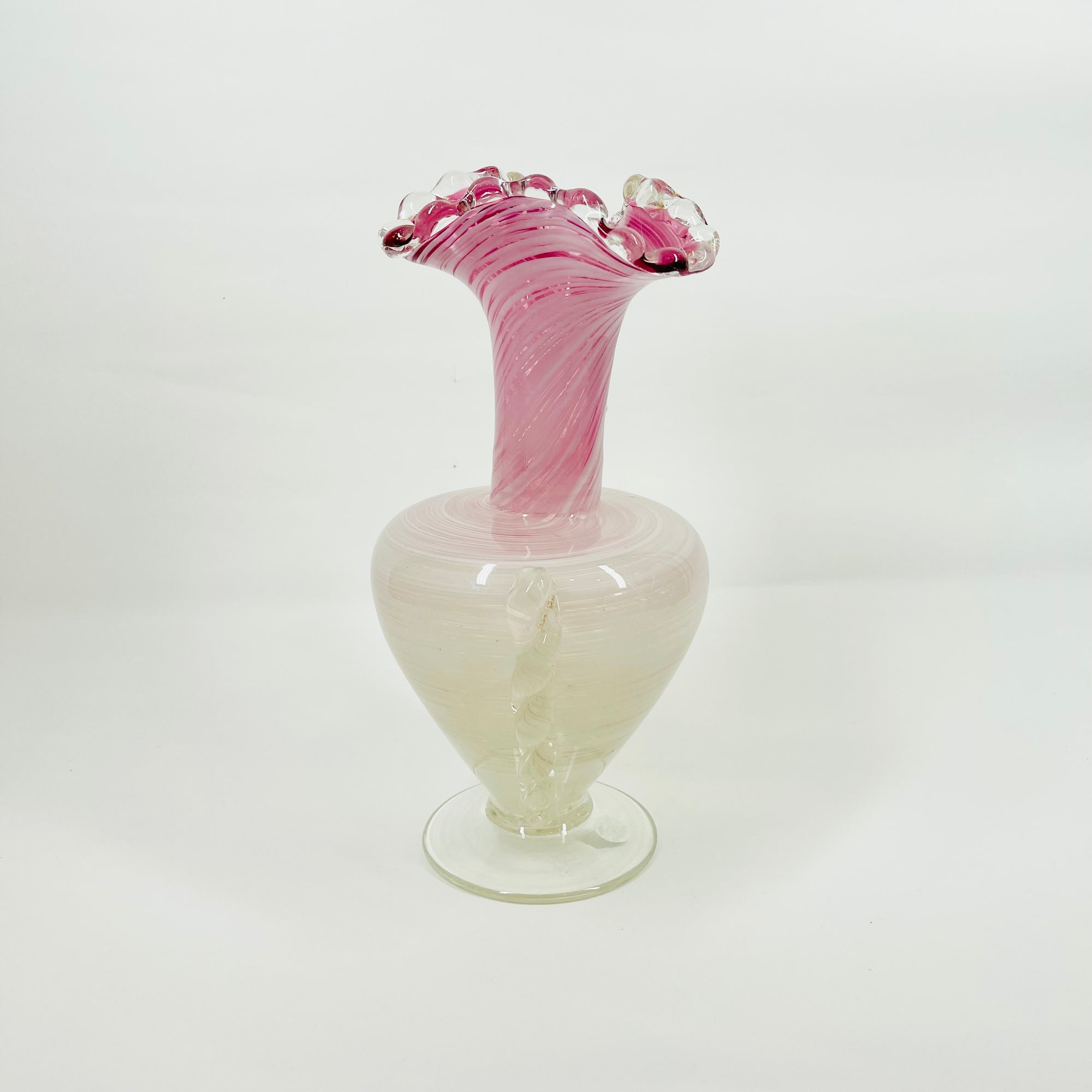 ANTIQUE MURANO PINK WHITE LATTICINO SOMMESO GLASS FOOTED RUFFLE RIM VASE
