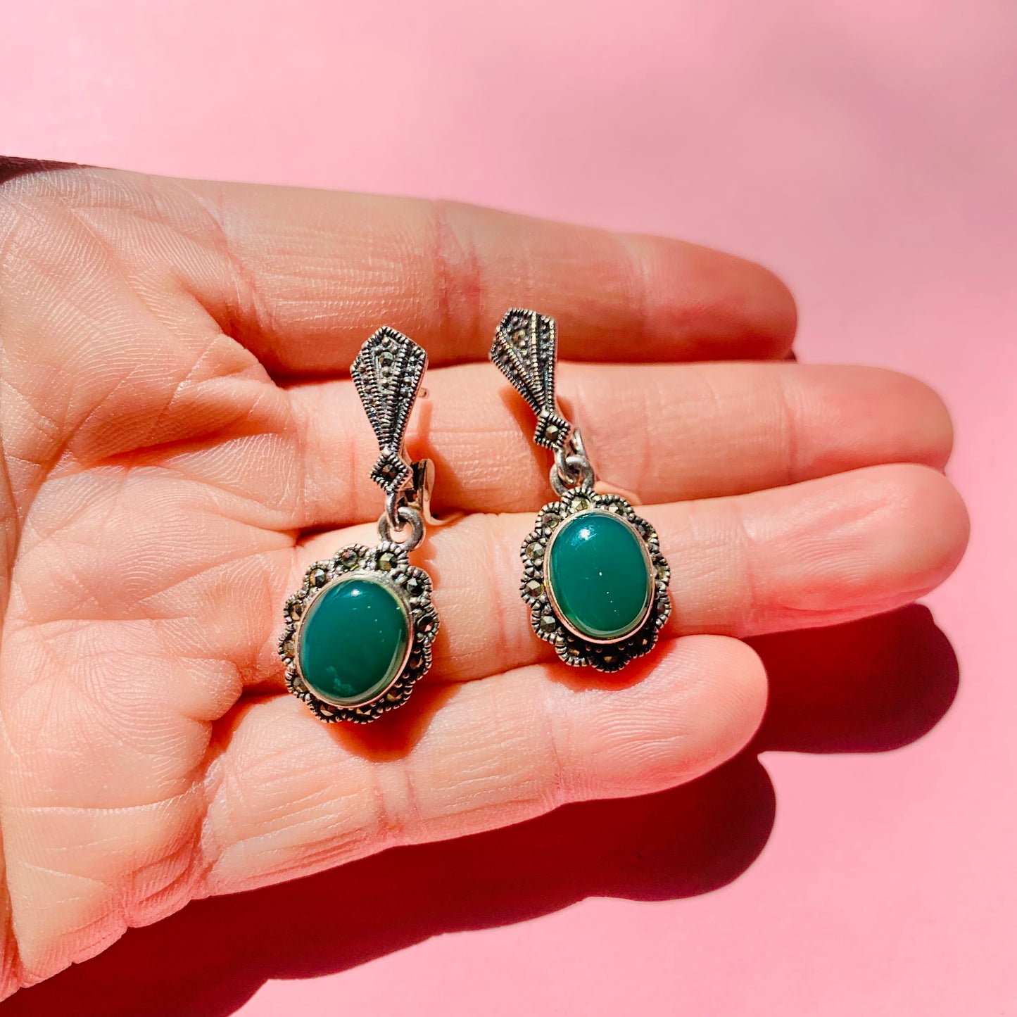 ART DECO MARCASITE JADE EARRINGS