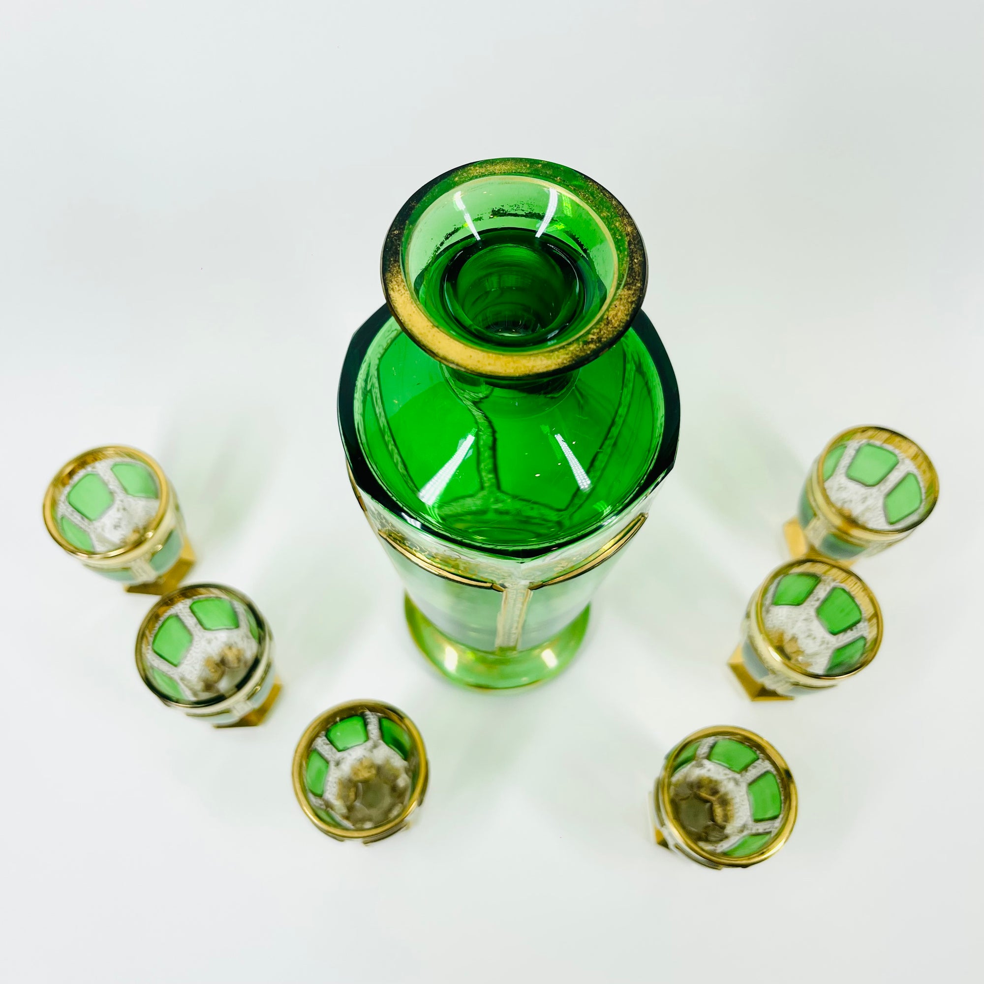 ANTIQUE ART DECO HAND CUT GOLD GILDED GREEN CRYSTAL DECANTER SET