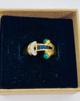 1940s 18k YELLOW GOLD BLUE SAPPHIRE EMERALD DIAMONDS PAVE TANK RING