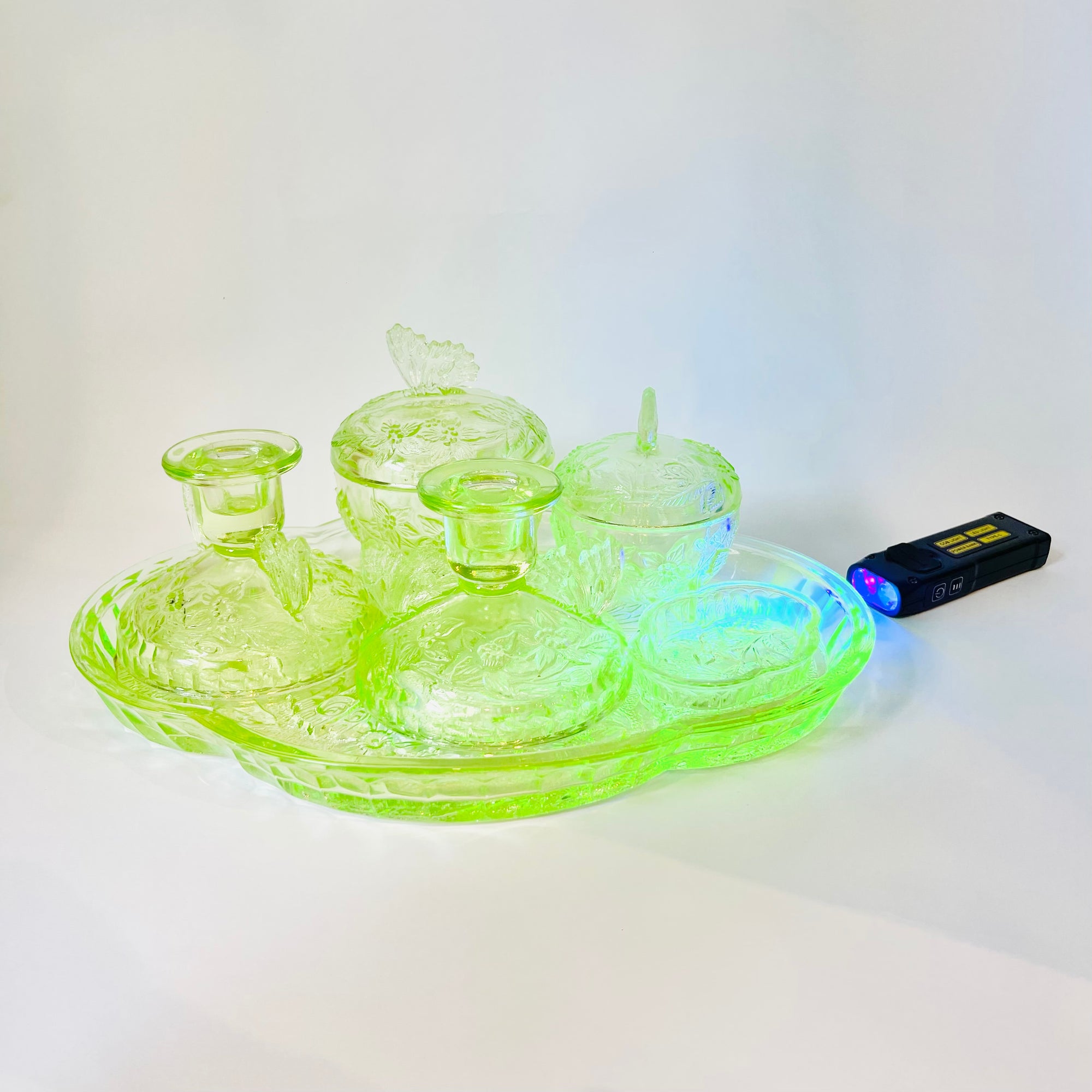 ANTIQUE ART DECO URANIUM GLASS VANITY SET